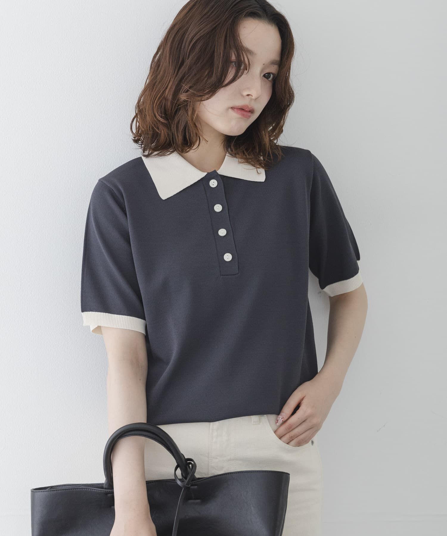 Sonny Label 「配色襟ニットポロシャツ」|ニット・セーター|チャコールグレー