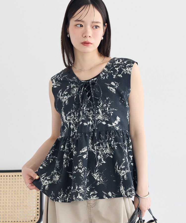 earth music&ecology「【セットアップ対応】前後2WAYフラワーノースリーブブラウス」|シャツ・ブラウス|Black