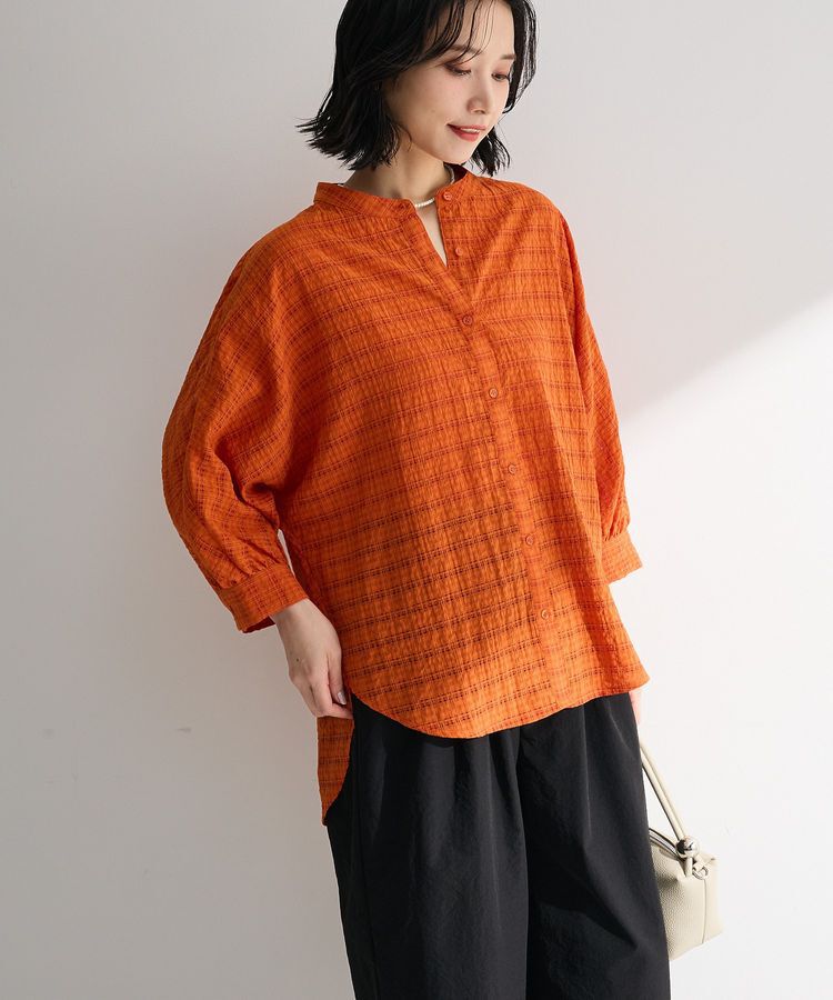 Green Parks「シアーチェック７分袖シャツ」|シャツ・ブラウス|Orange