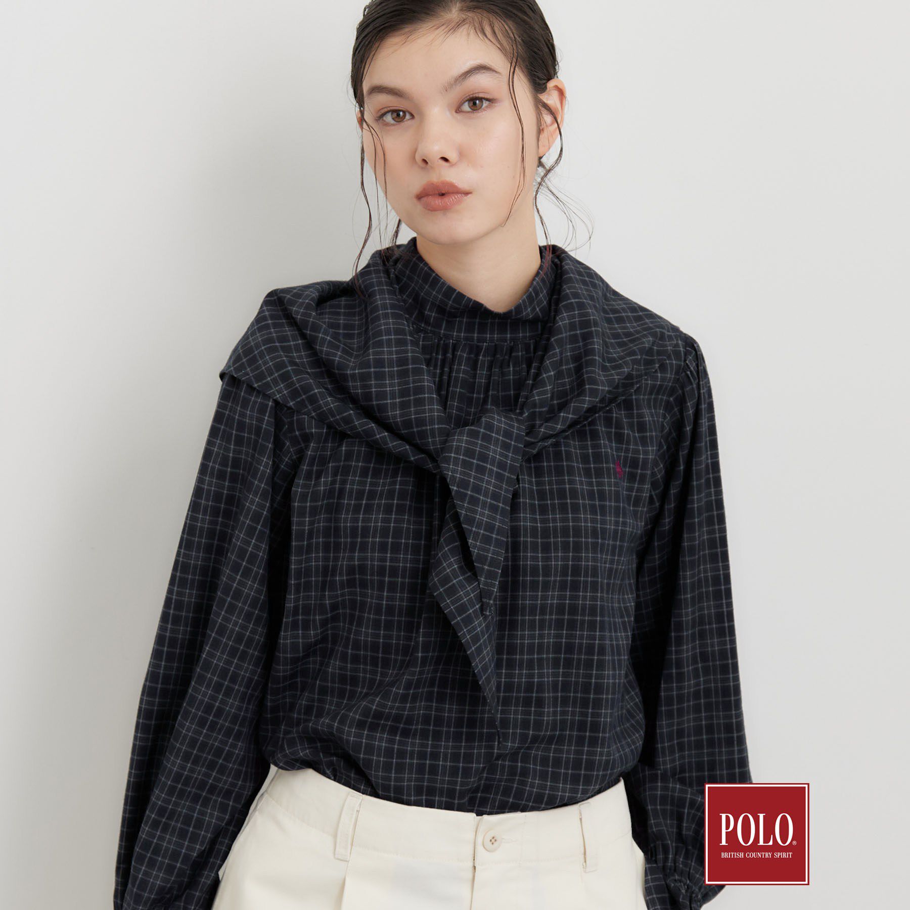 THE SHOP TK「POLO BCS/チェックスカーフ付きブラウス」|シャツ・ブラウス|ネイビー(294)