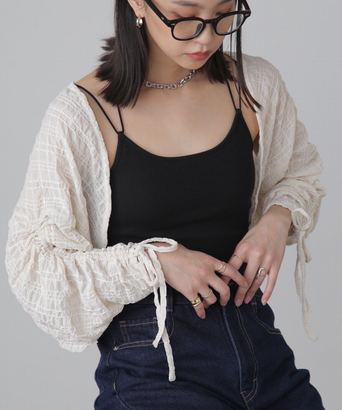  「シアーチェック袖シャーリングボレロ」|Tシャツ・カットソー|