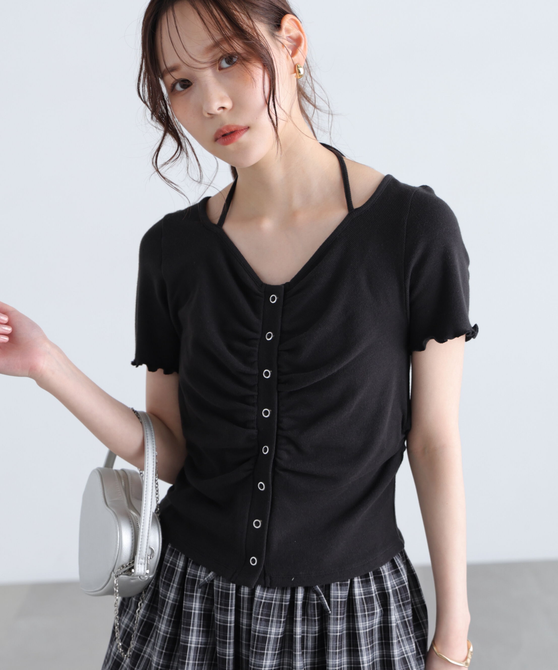  「フロントギャザーデコルテ半袖カットソー」|Tシャツ・カットソー|