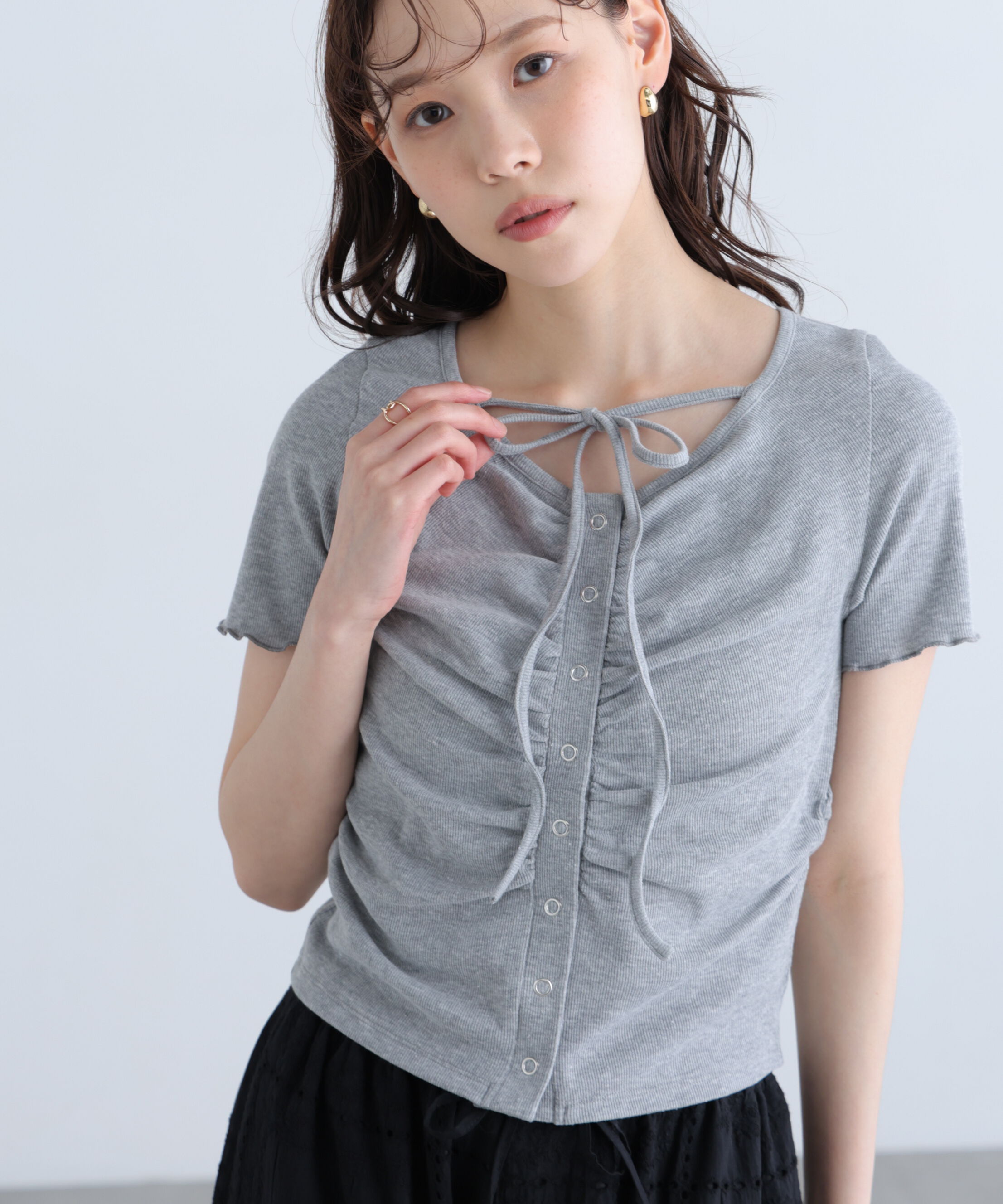  「フロントギャザーデコルテ半袖カットソー」|Tシャツ・カットソー|