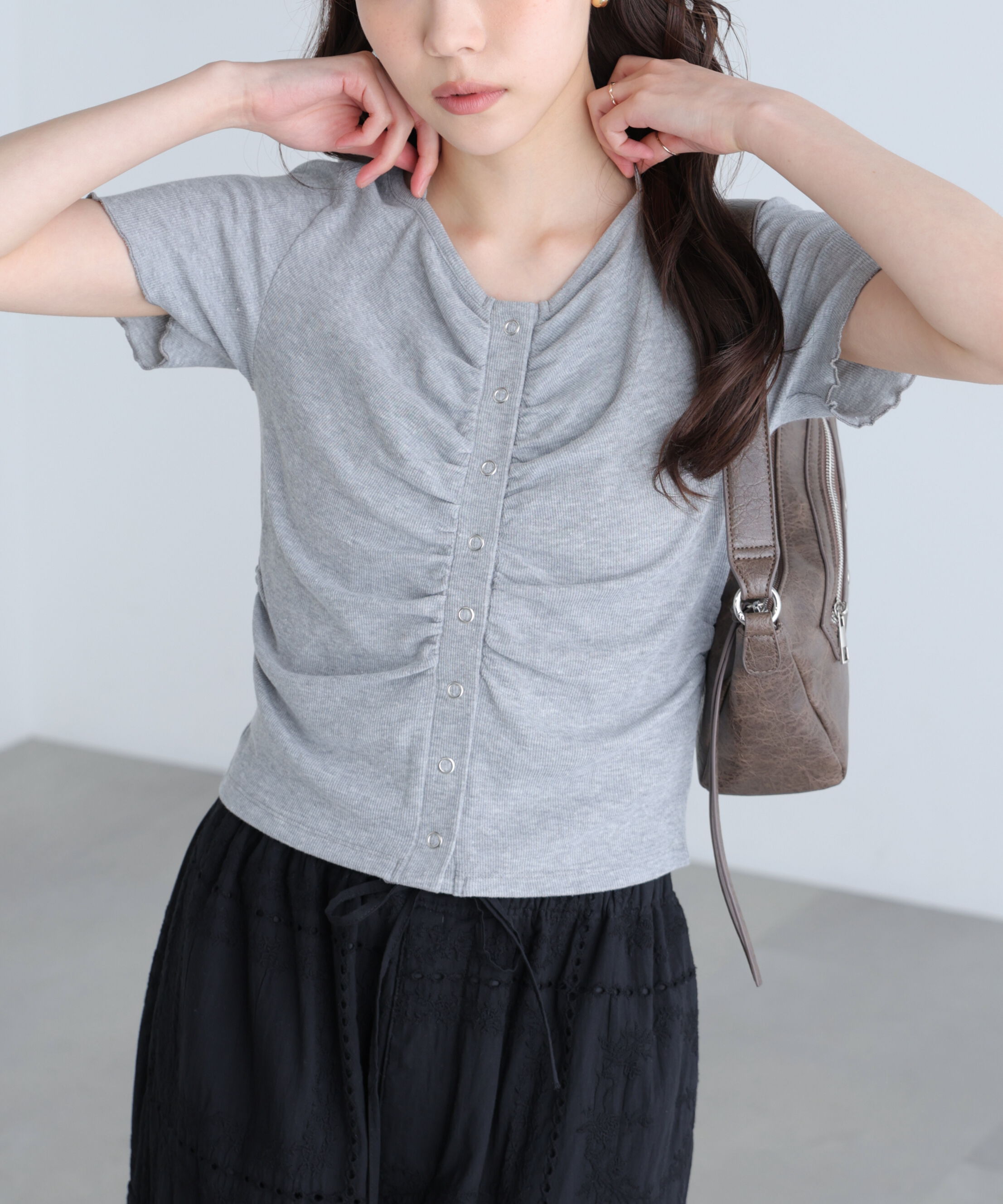  「フロントギャザーデコルテ半袖カットソー」|Tシャツ・カットソー|