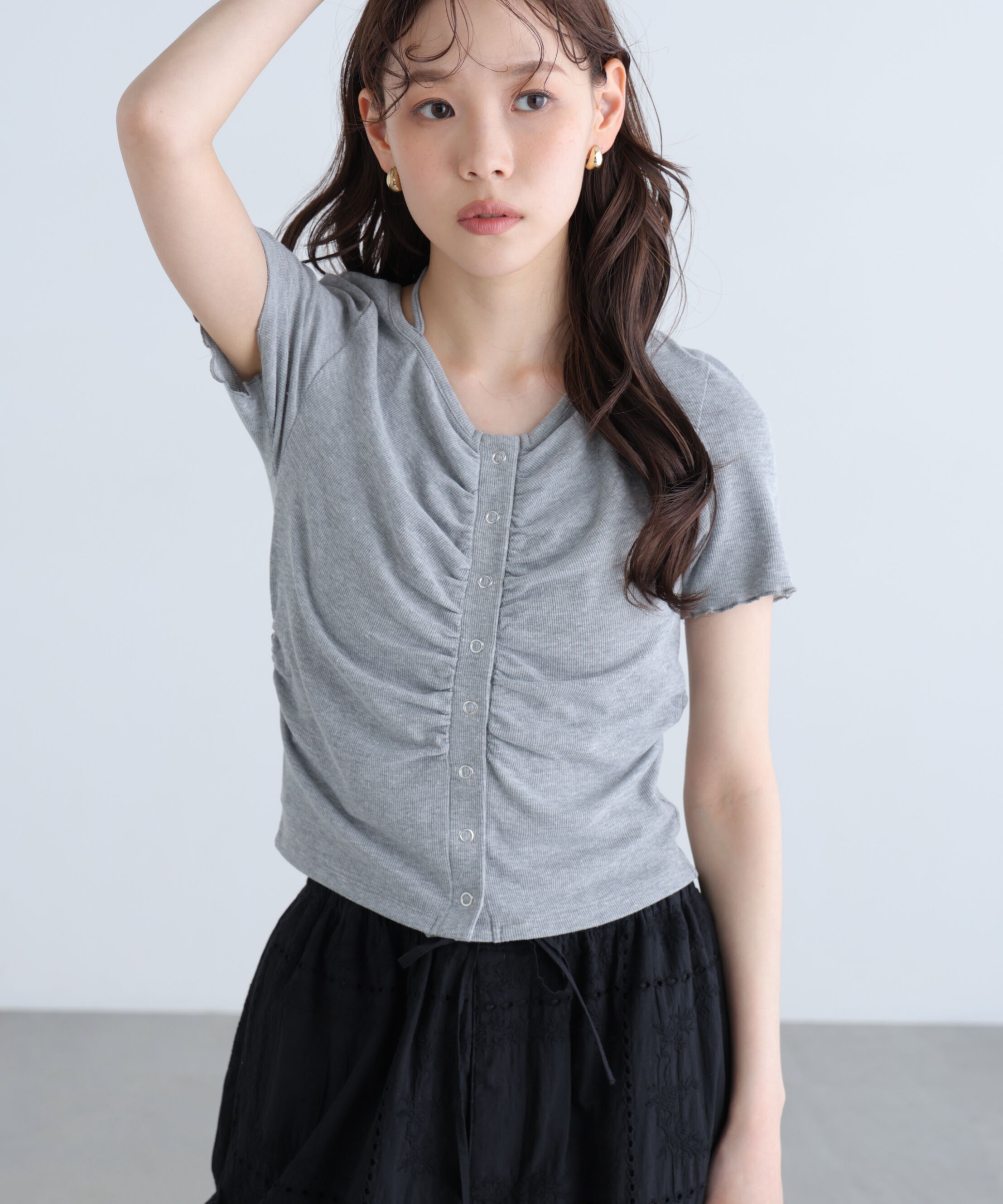  「フロントギャザーデコルテ半袖カットソー」|Tシャツ・カットソー|