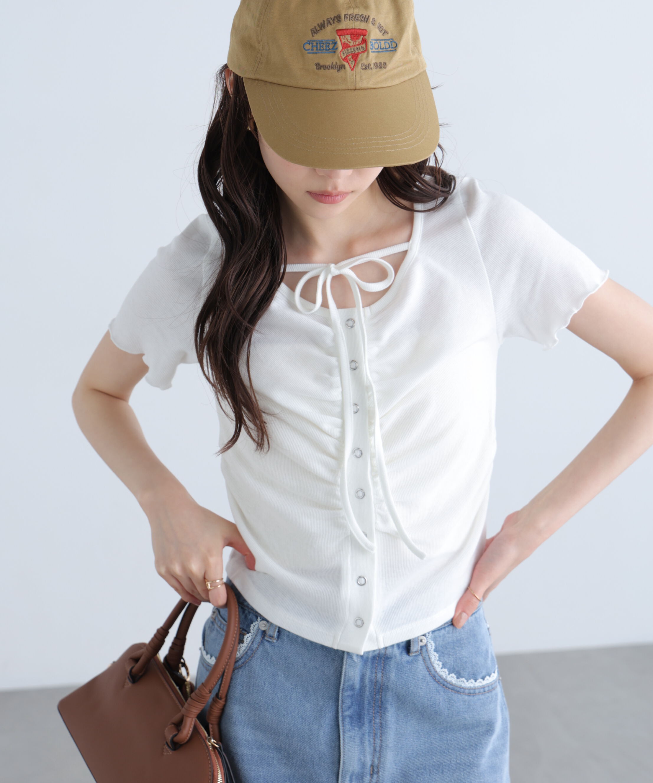  「フロントギャザーデコルテ半袖カットソー」|Tシャツ・カットソー|ホワイト