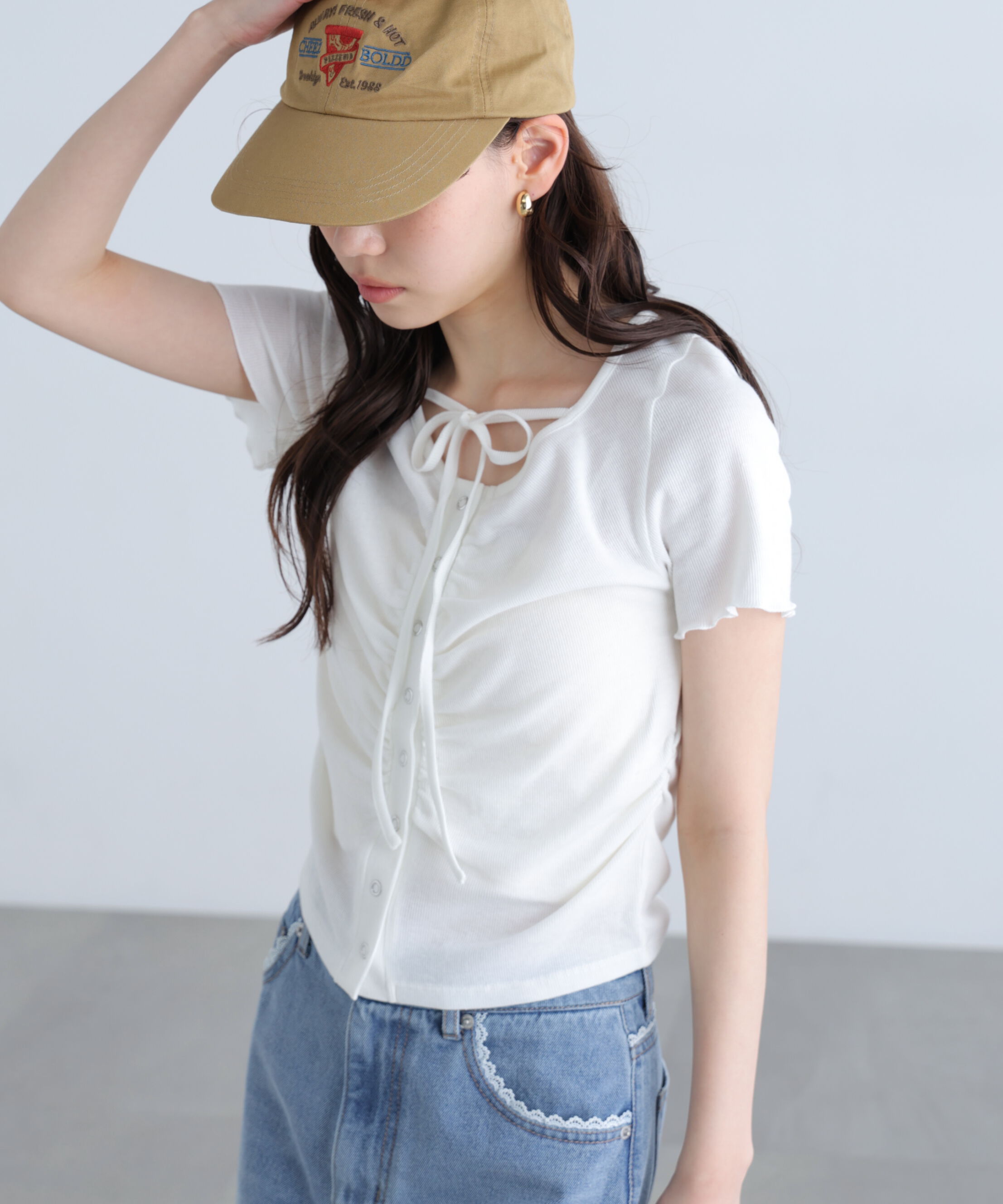  「フロントギャザーデコルテ半袖カットソー」|Tシャツ・カットソー|
