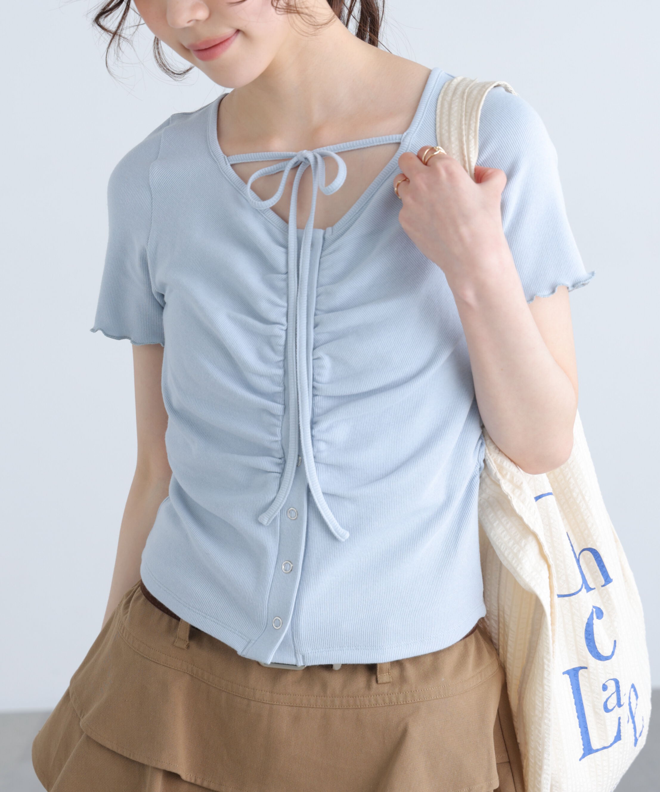  「フロントギャザーデコルテ半袖カットソー」|Tシャツ・カットソー|