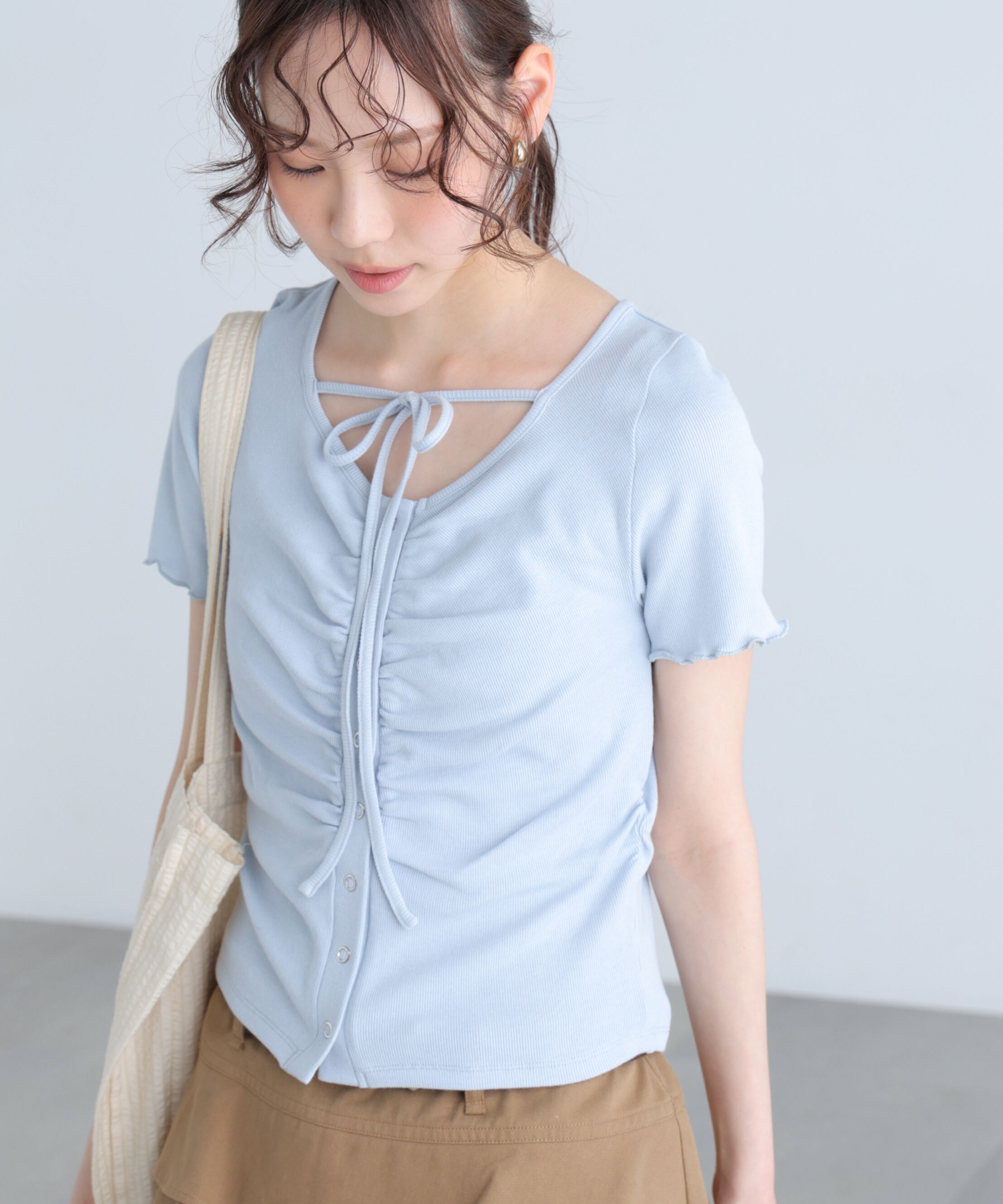  「フロントギャザーデコルテ半袖カットソー」|Tシャツ・カットソー|