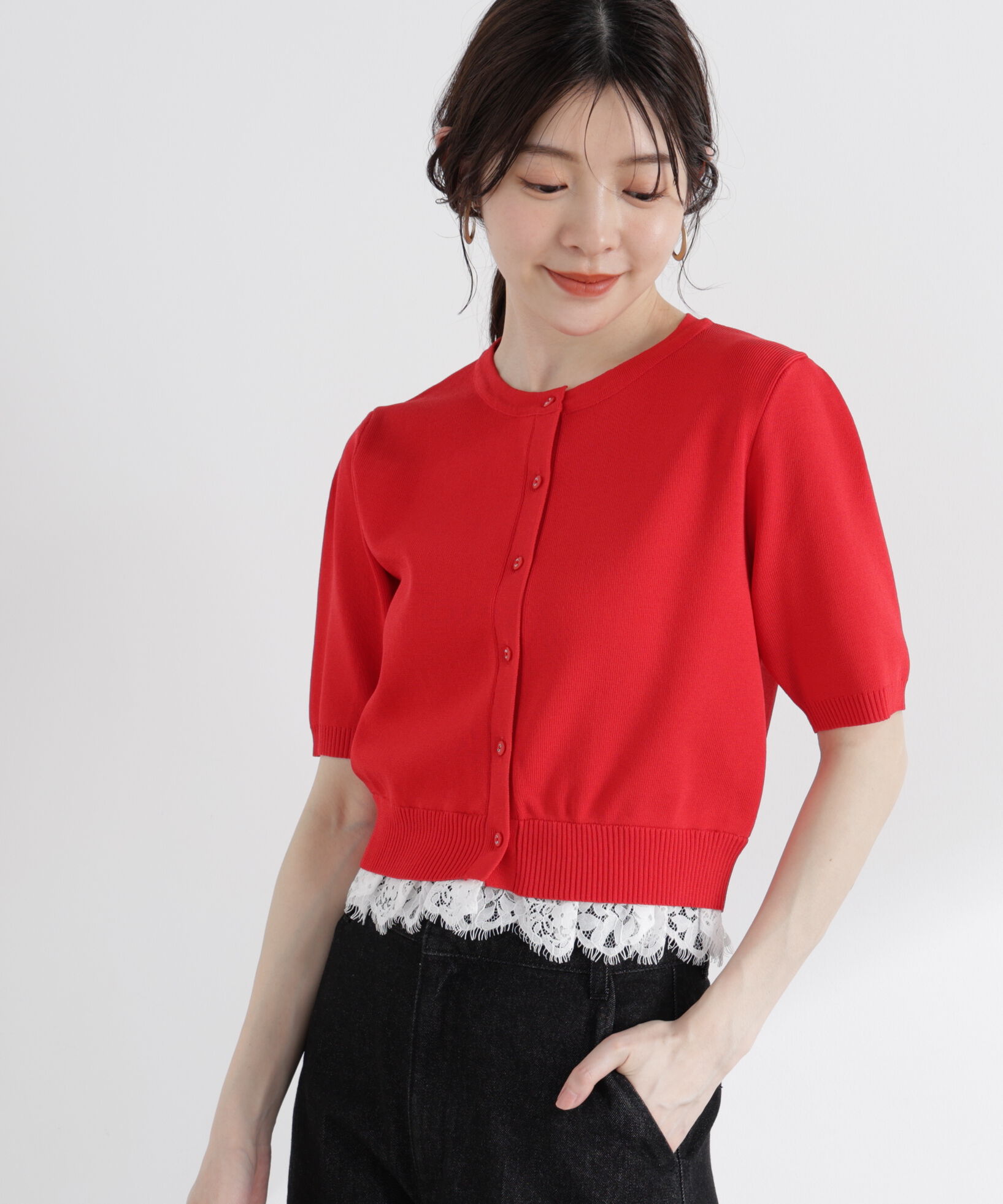 PROPORTION BODY DRESSING「レーストリムショートカーディガン」|カーディガン|