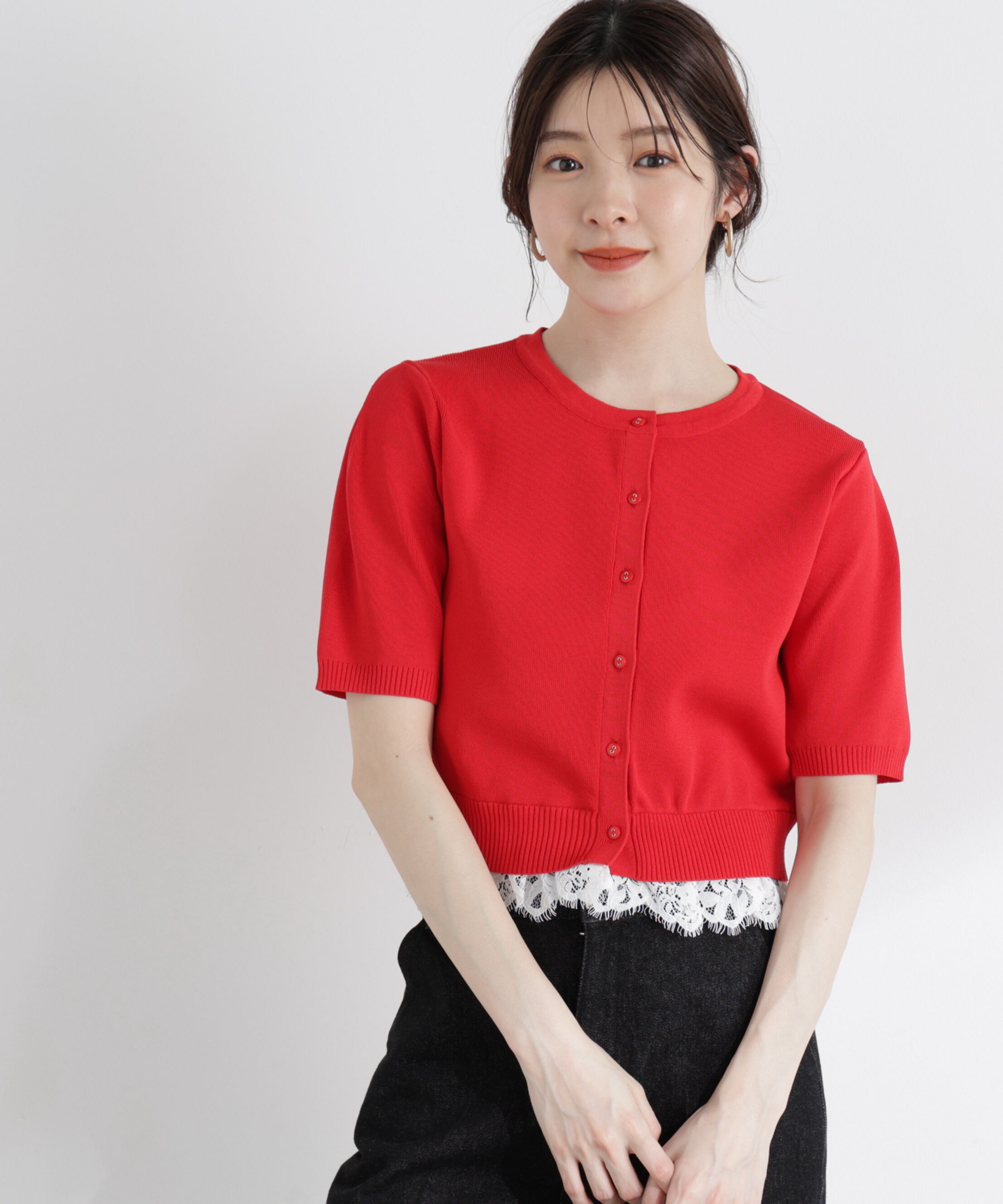 PROPORTION BODY DRESSING「レーストリムショートカーディガン」|カーディガン|