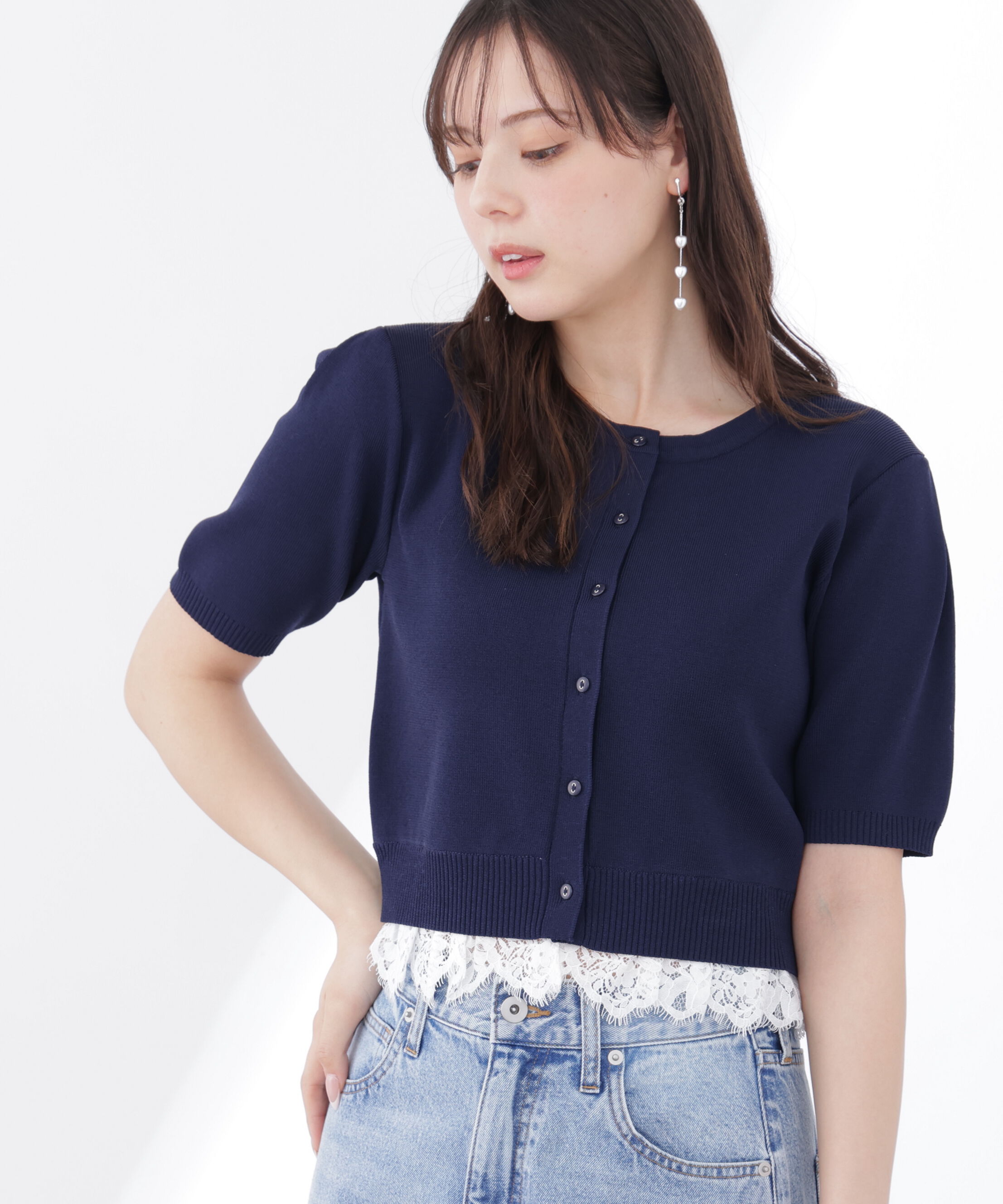 PROPORTION BODY DRESSING「レーストリムショートカーディガン」|カーディガン|