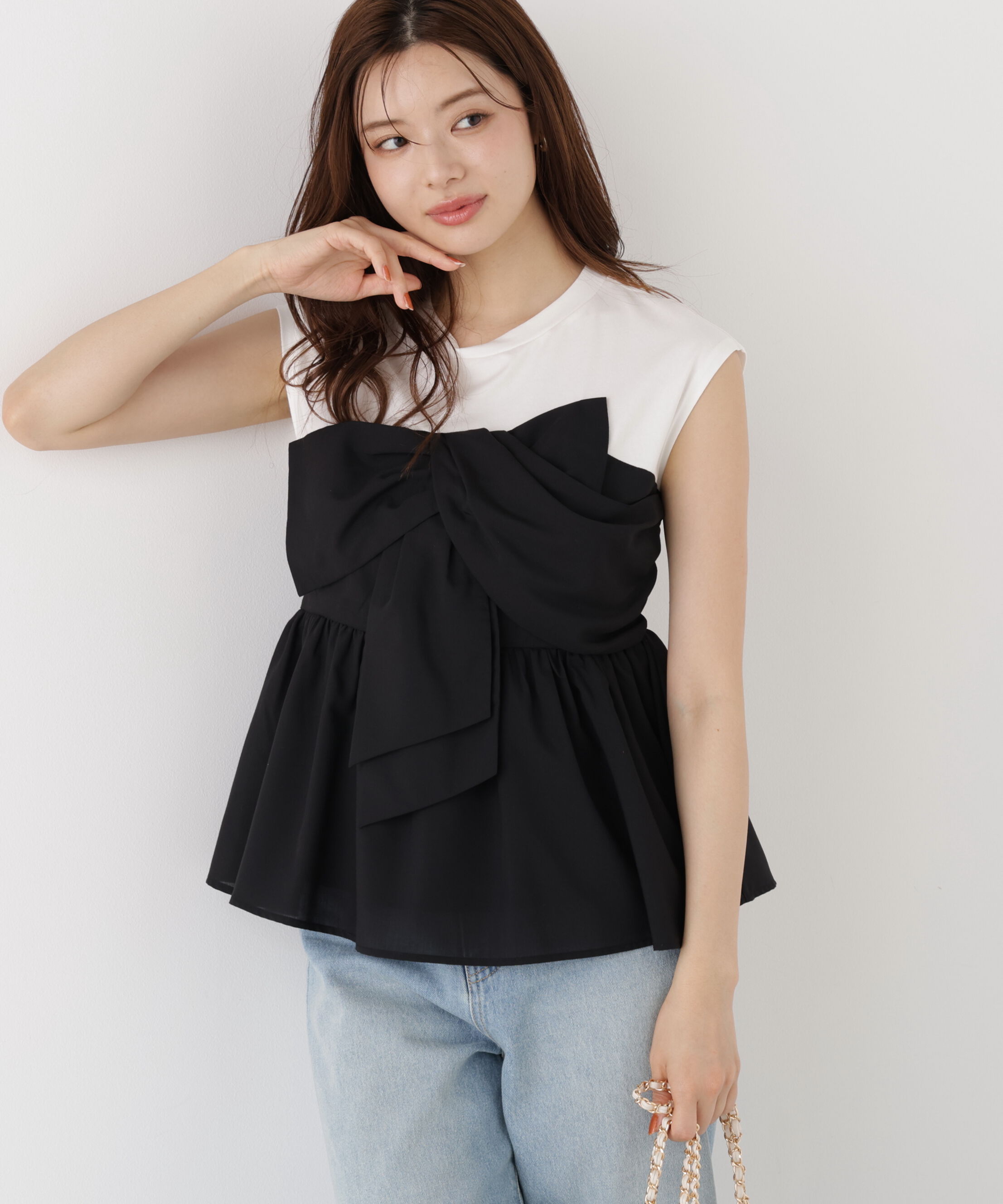 PROPORTION BODY DRESSING「フロントリボンドッキングカットソー」|Tシャツ・カットソー|ブラック&times;ホワ
