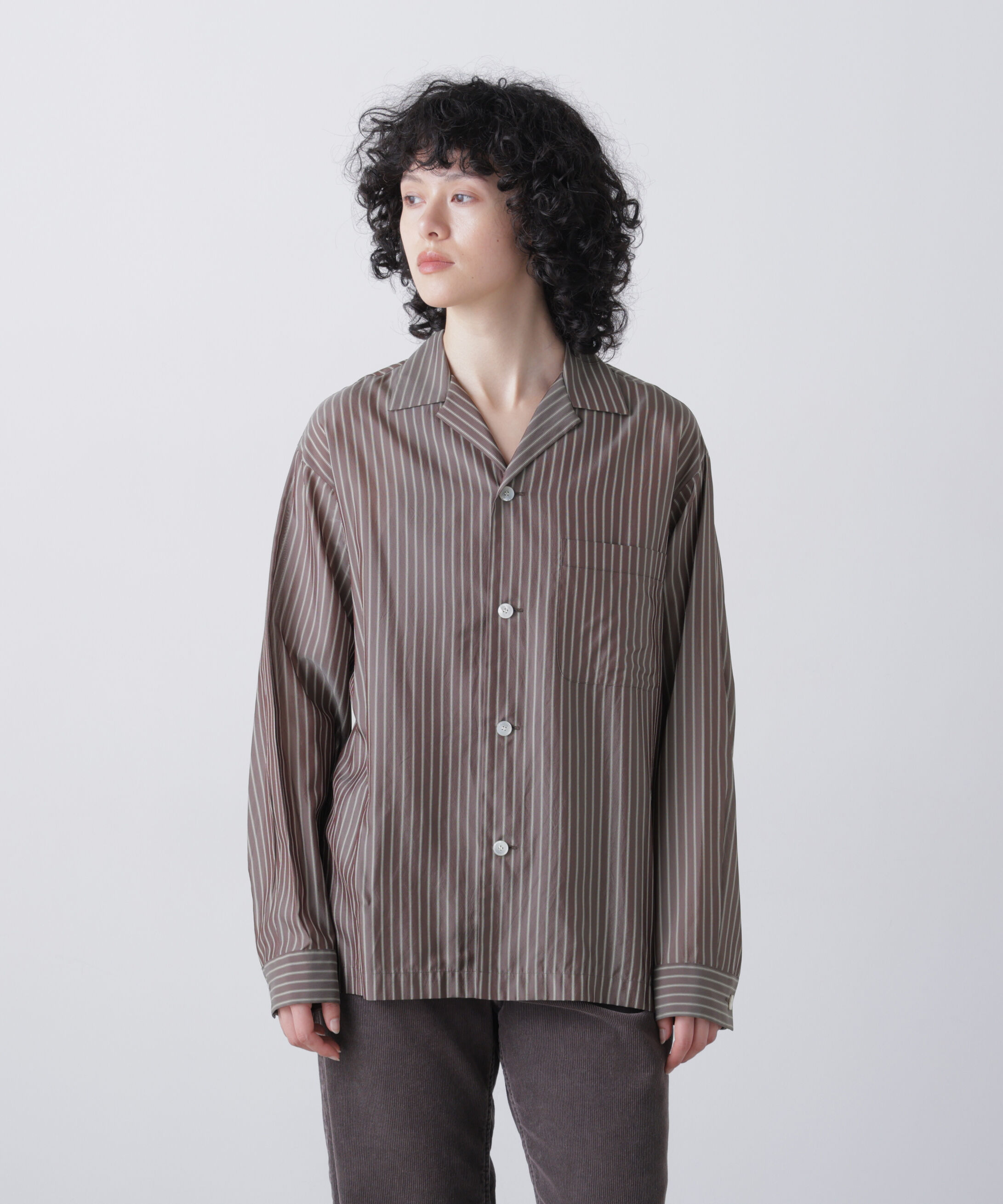 YLEVE 「YLEVE / ACETATE CUPRO STRIPE PJ SHIRT」|シャツ・ブラウス|BROWN8
