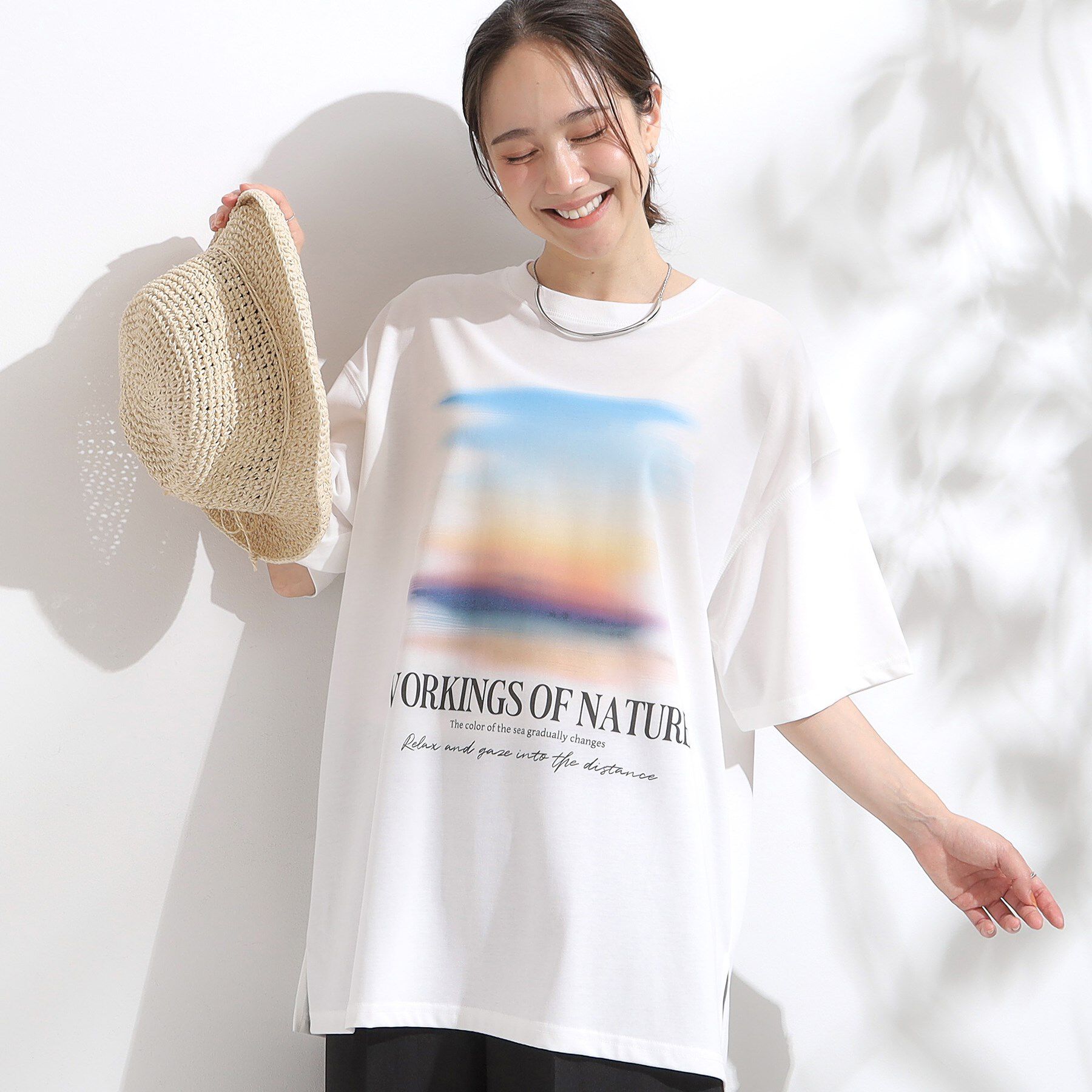 SHOO･LA･RUE「【ひんやり/汗ジミ軽減/UVカット】プリントアソート BIG Tシャツ」|Tシャツ・カットソー|ホワイト(301)