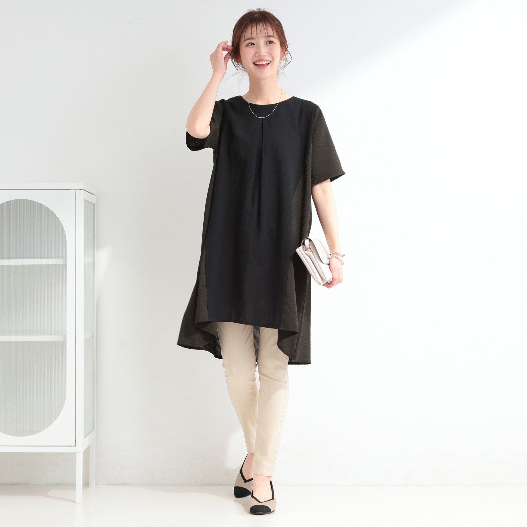 SHOO･LA･RUE「【洗濯機可/体型カバー】上から着るだけ 異素材切替 Aラインチュニックワンピース」|チュニック|