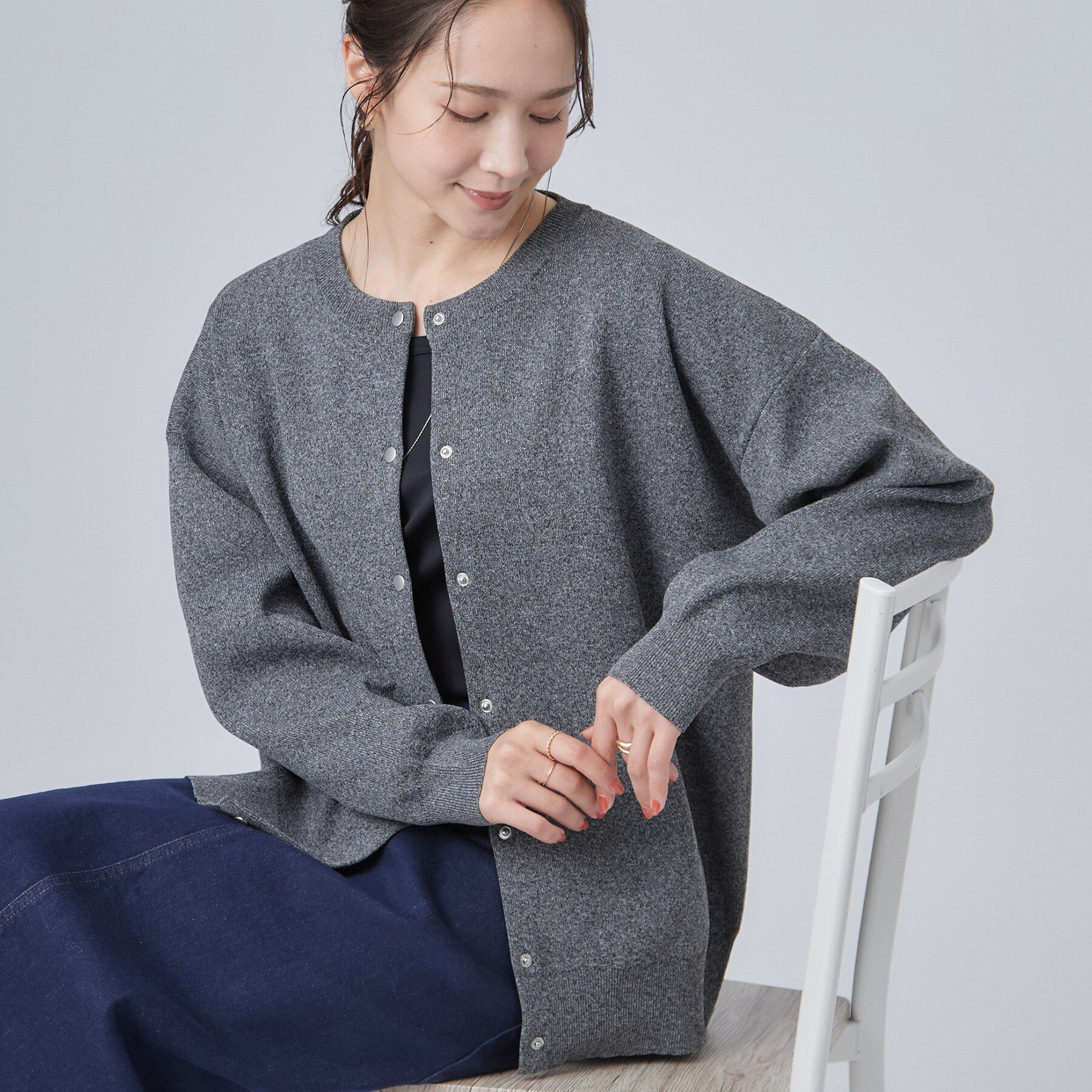 SHOO･LA･RUE「【セットアップ可/洗濯機可】軽やかに羽織れる スポンディシュニットカーディガン」|カーディガン|グレー(012)