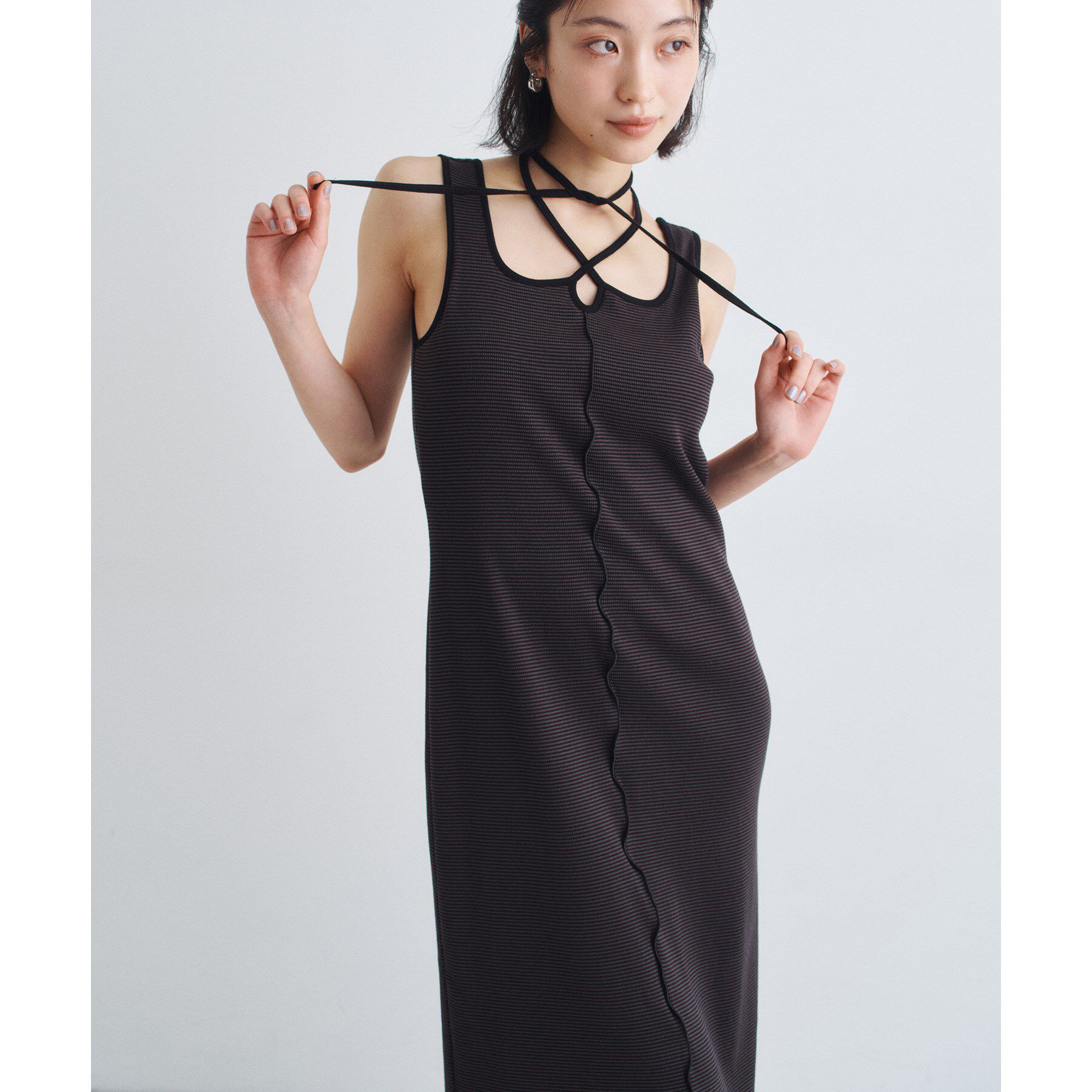 CODE A「【Cup-in】chic border jersey dress」|ワンピース|ブラック(319)