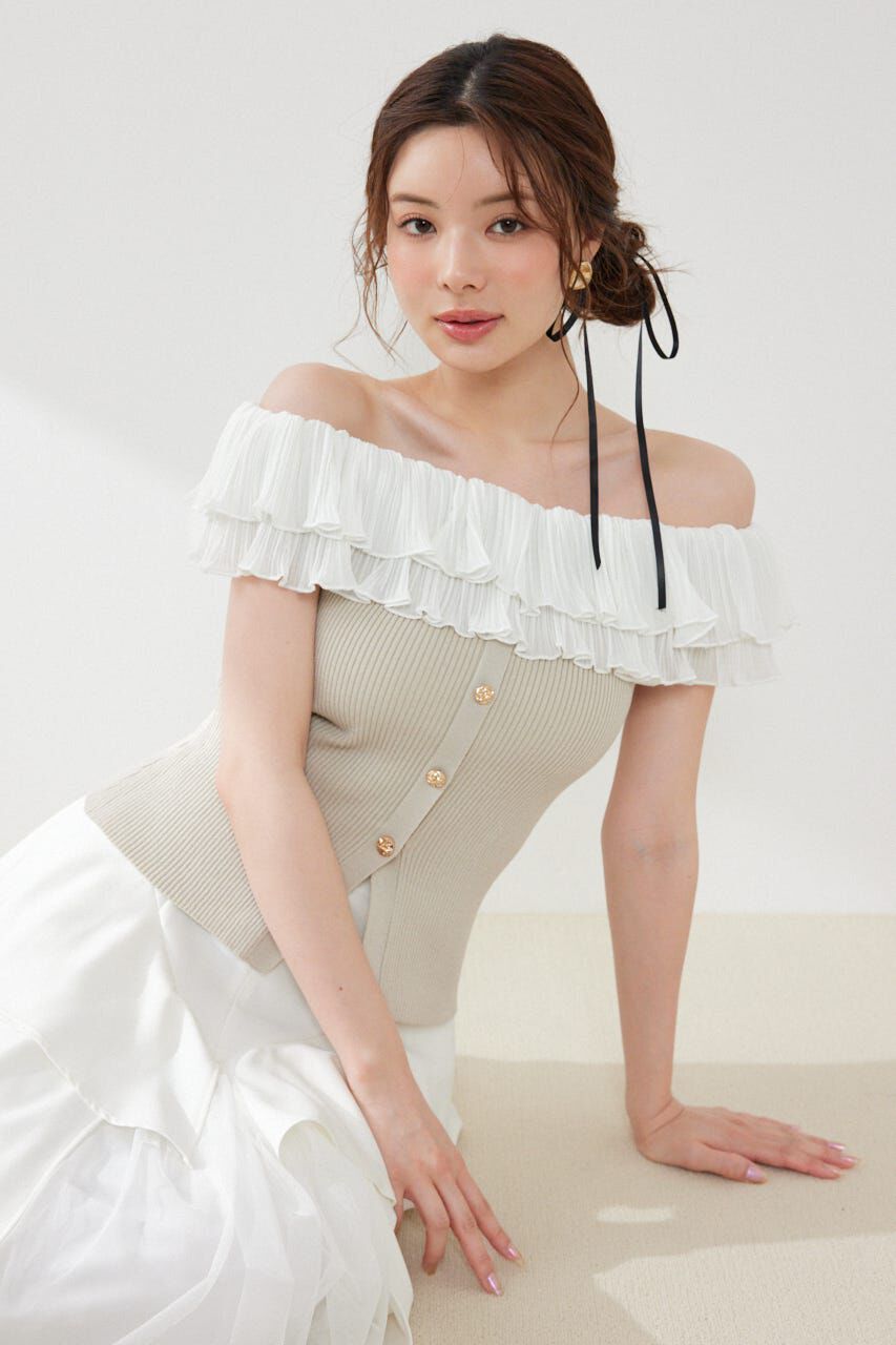 rienda「プリーツレースオフショルノースリニットトップス」|ニット・セーター|