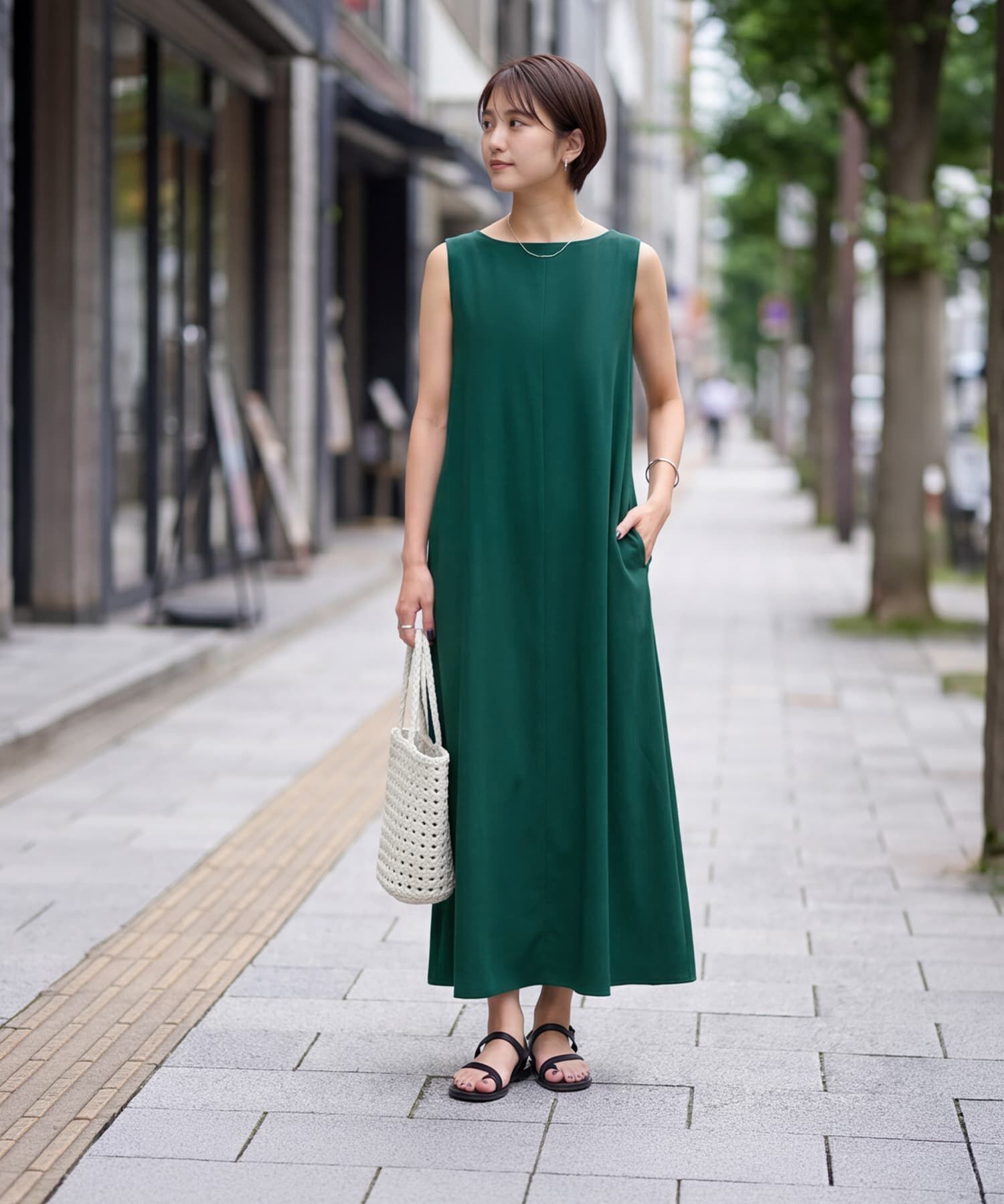 STYLE DELI「サラすべボートネックロングワンピース」|ワンピース|ダークグリーン