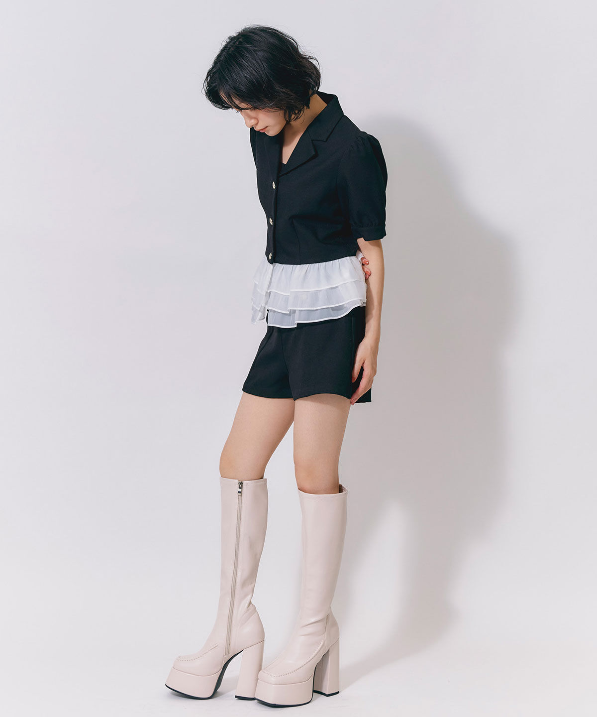 REDYAZEL「クラシックマルチボタンハイウエストショートパンツ」|キュロット|