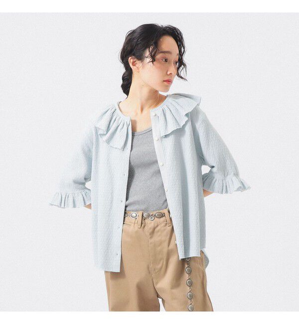 BEAMSBOY「ジャカード フリルギャザー ショートスリーブ」|Tシャツ・カットソー|SLATE_BLUE