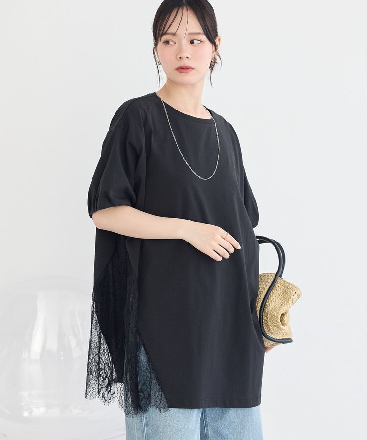 earth music&ecology「アシメレースビッグTシャツ」|チュニック|Black