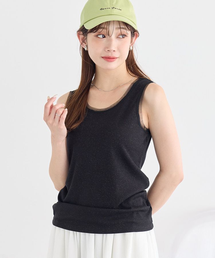 earth music&ecology「エッジチュールラメテレコタンクトップ」|インナー|Black