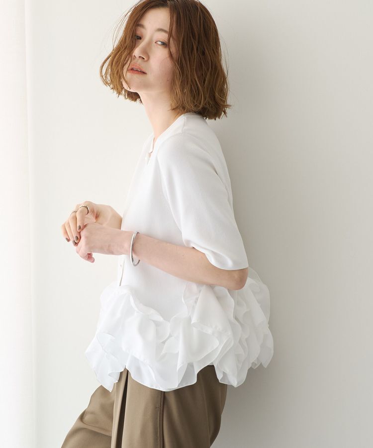 YECCA VECCA「パール釦ラッフル5分袖カーディガン」|カーディガン|Off White