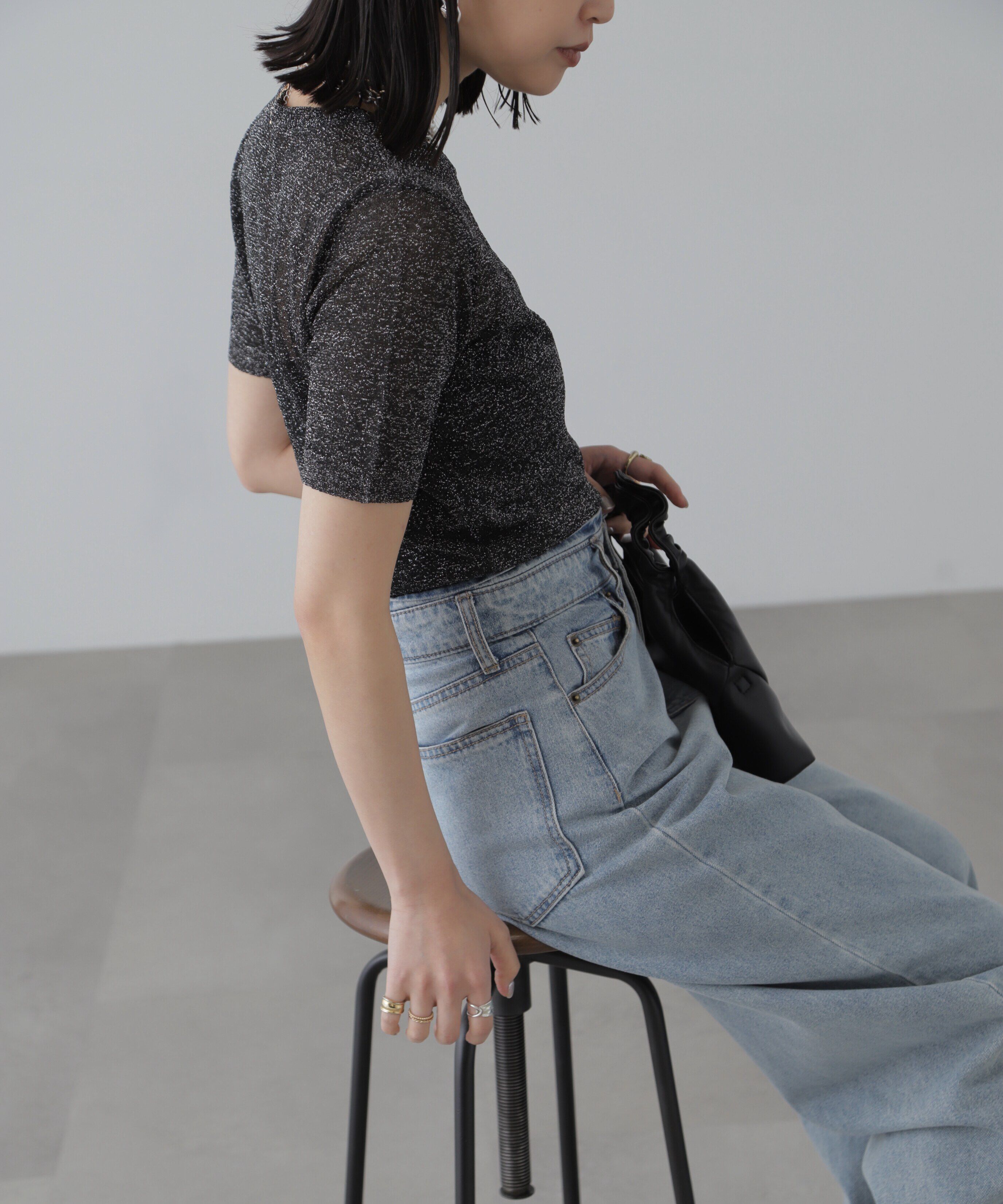  「コンパクトラメシアー半袖ニット」|ニット・セーター|