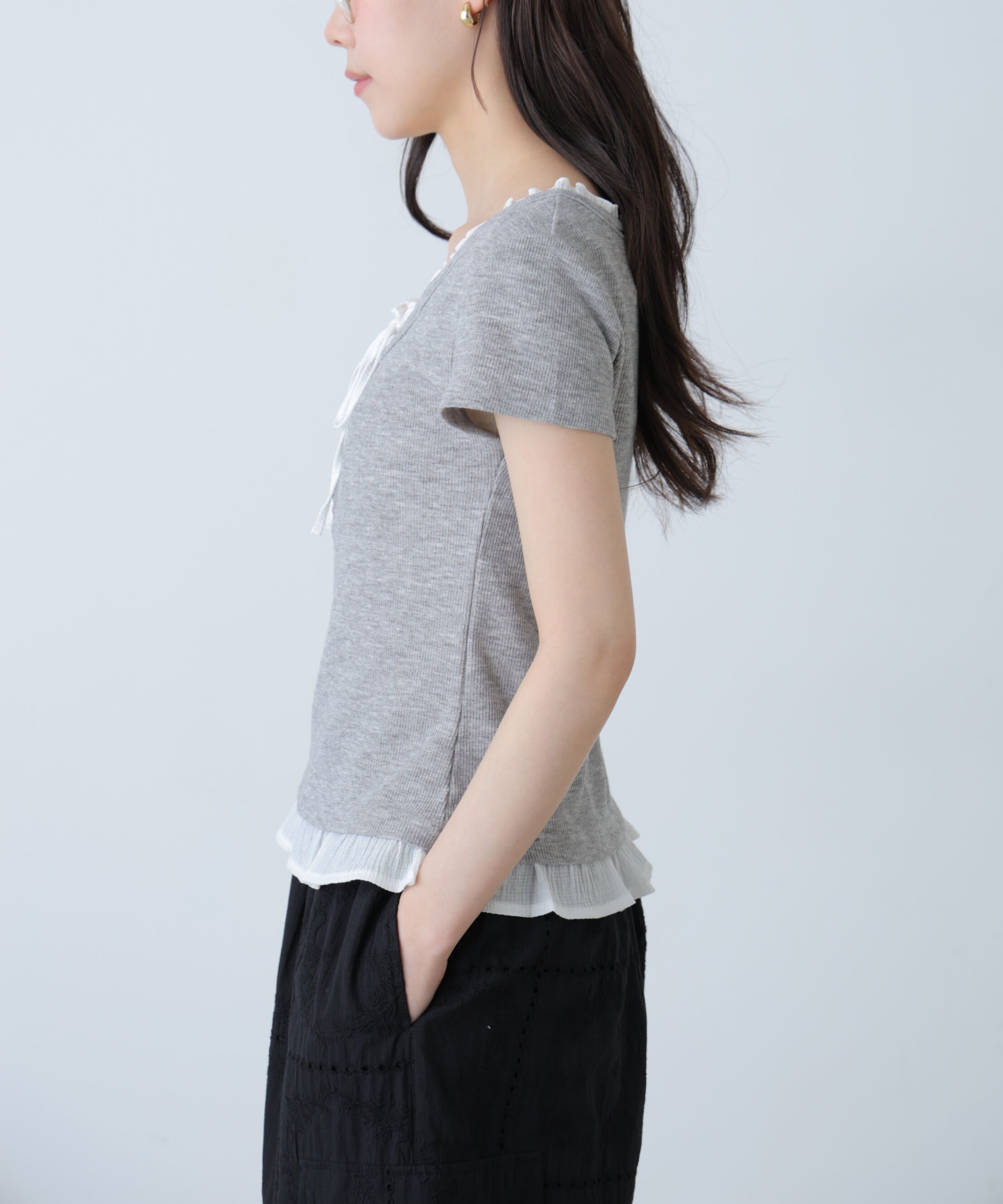 「フェイクレイヤードフリルリボンフレンチスリーブカットソー」|Tシャツ・カットソー|