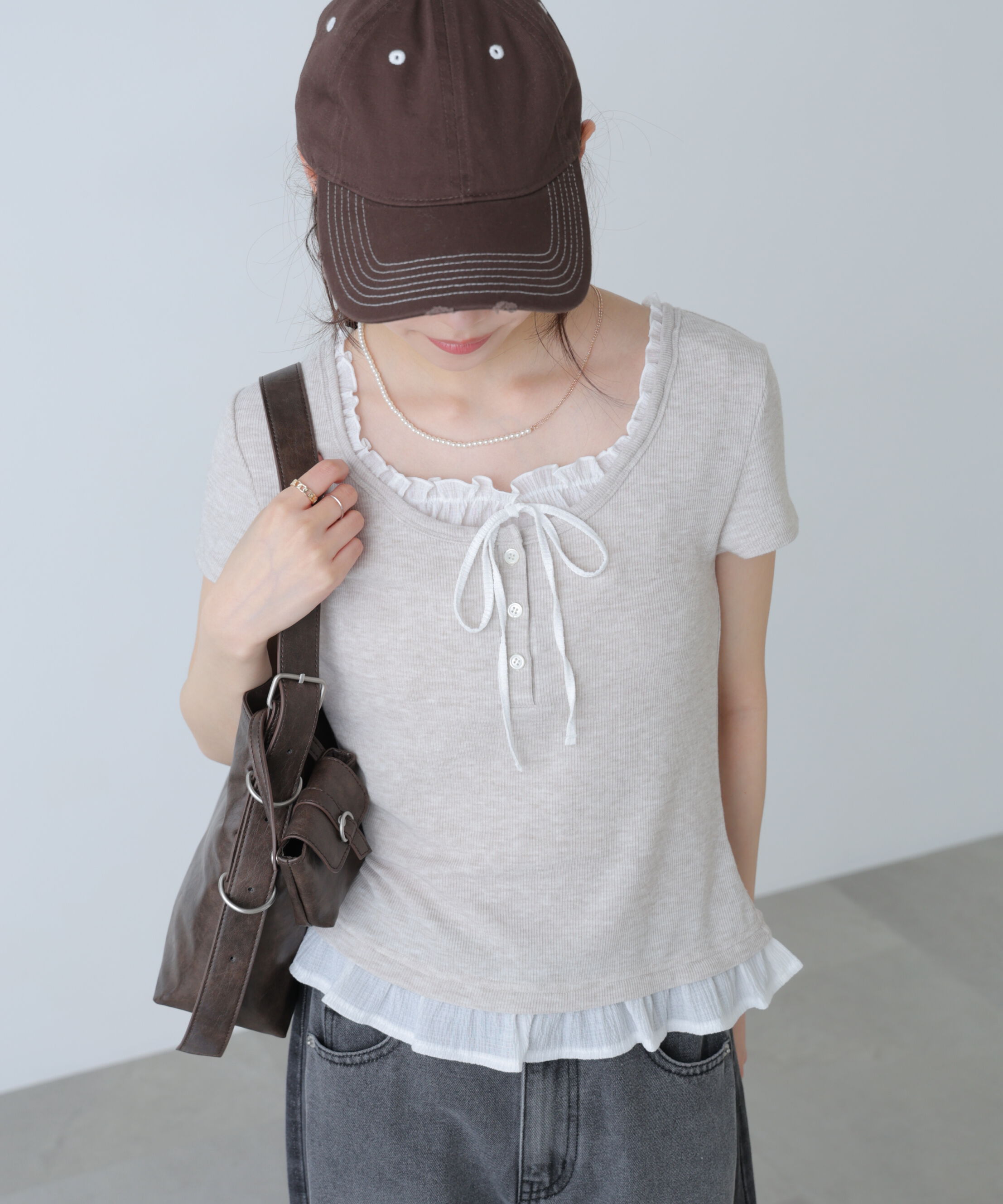  「フェイクレイヤードフリルリボンフレンチスリーブカットソー」|Tシャツ・カットソー|