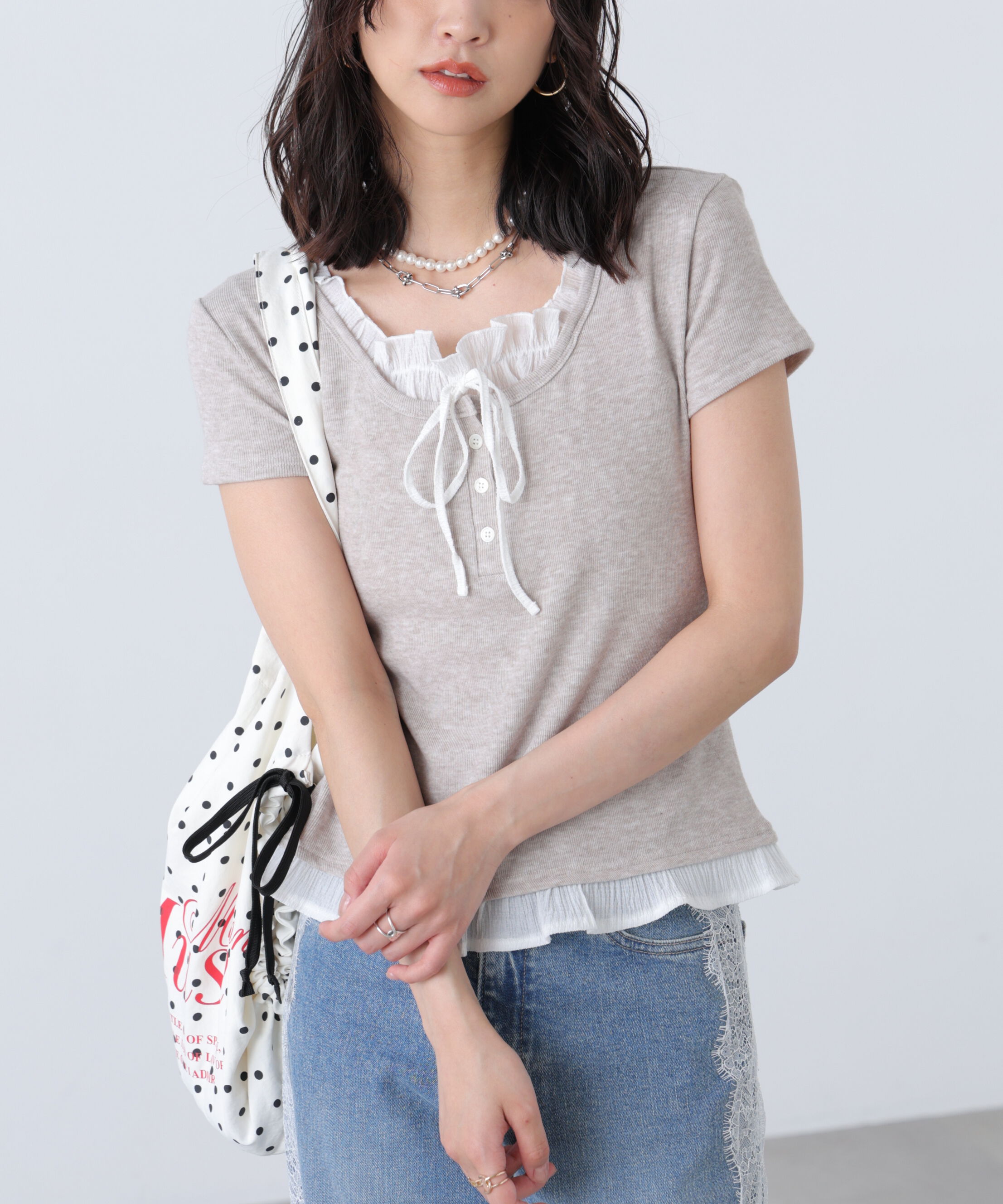  「フェイクレイヤードフリルリボンフレンチスリーブカットソー」|Tシャツ・カットソー|