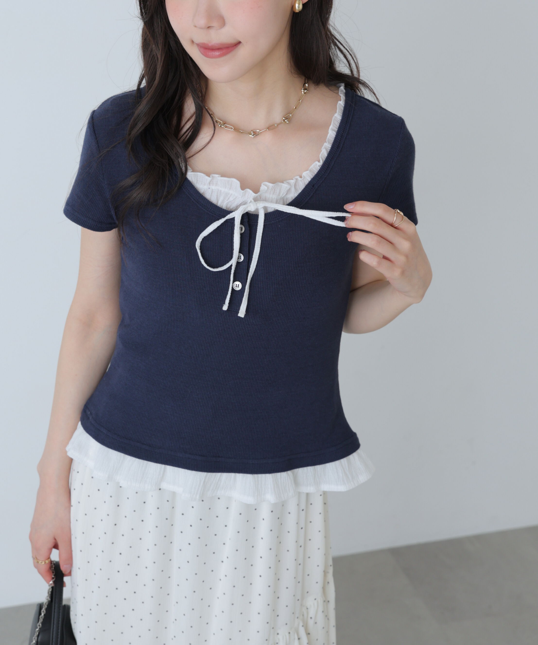  「フェイクレイヤードフリルリボンフレンチスリーブカットソー」|Tシャツ・カットソー|