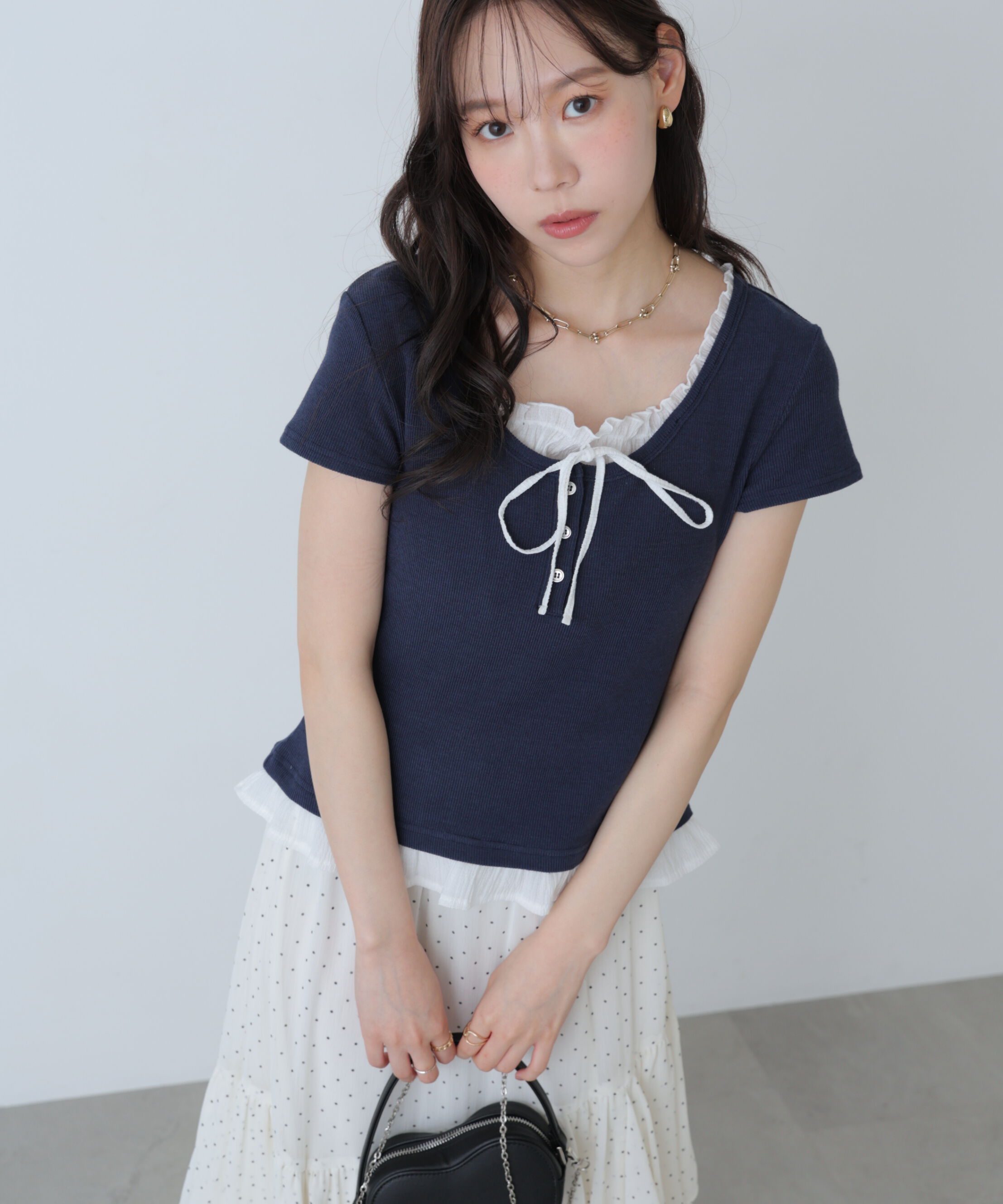  「フェイクレイヤードフリルリボンフレンチスリーブカットソー」|Tシャツ・カットソー|