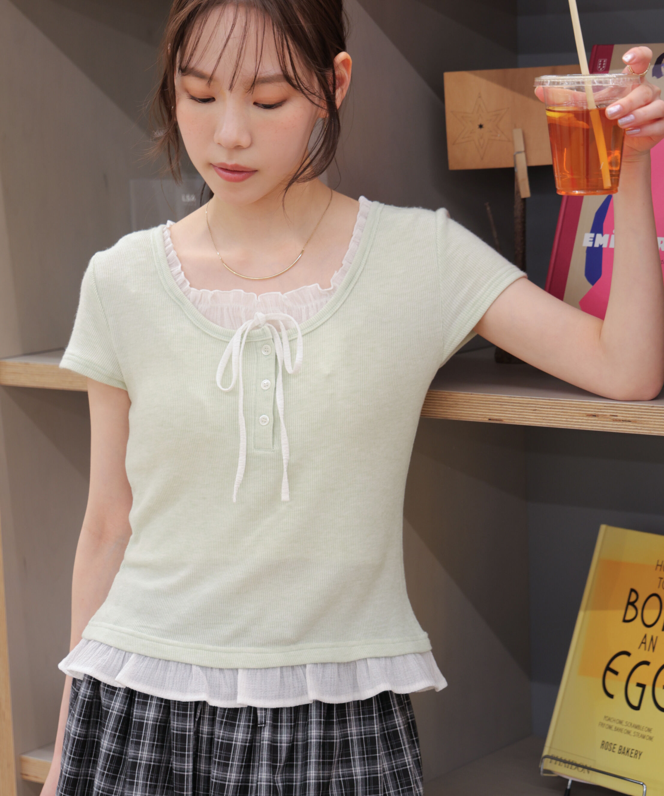  「フェイクレイヤードフリルリボンフレンチスリーブカットソー」|Tシャツ・カットソー|ライトグリー