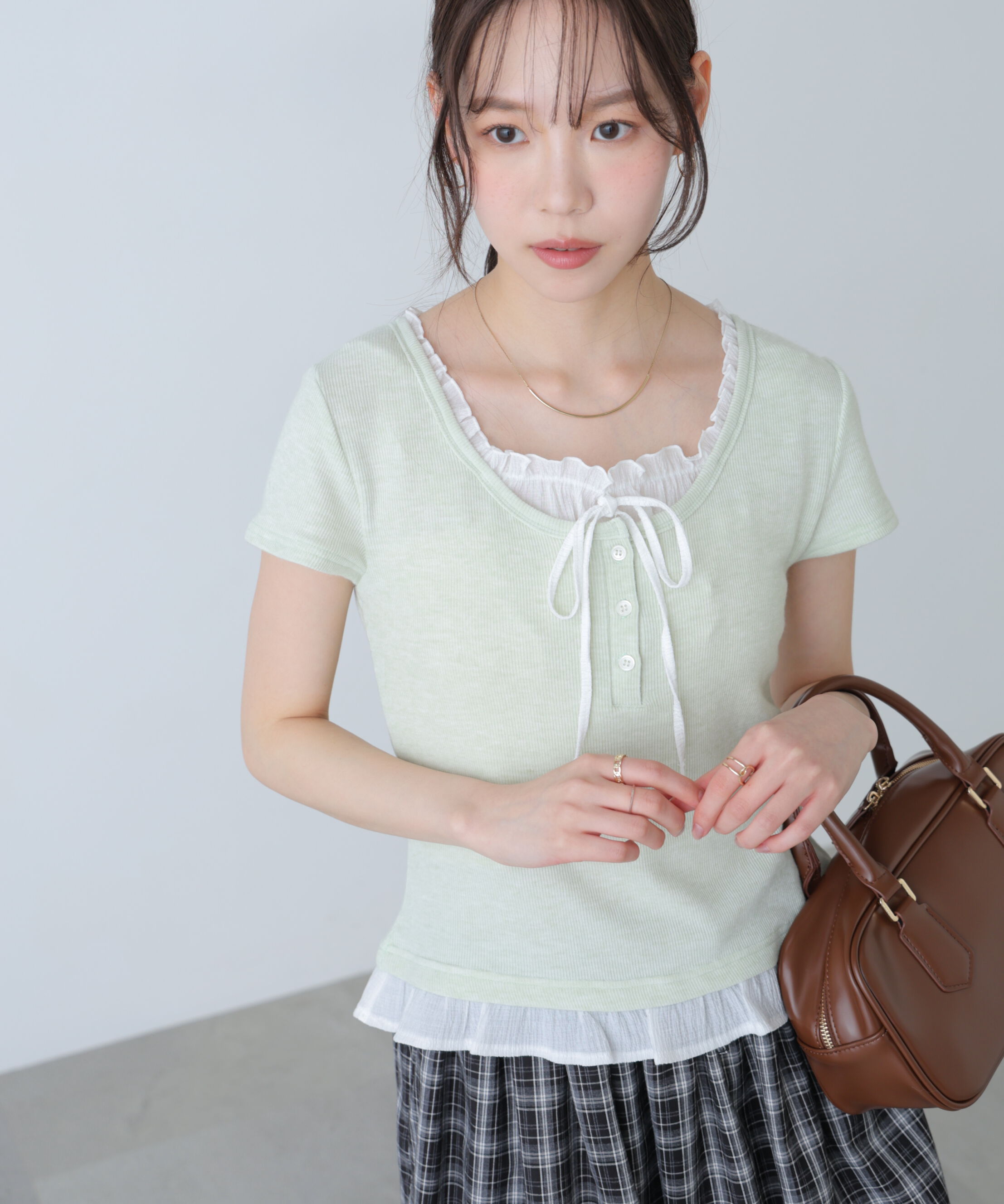  「フェイクレイヤードフリルリボンフレンチスリーブカットソー」|Tシャツ・カットソー|
