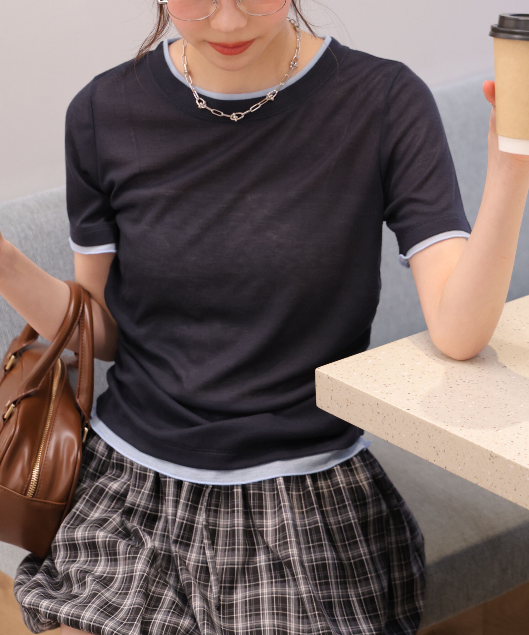  「レイヤード風半袖カットソー」|Tシャツ・カットソー|ネイビー