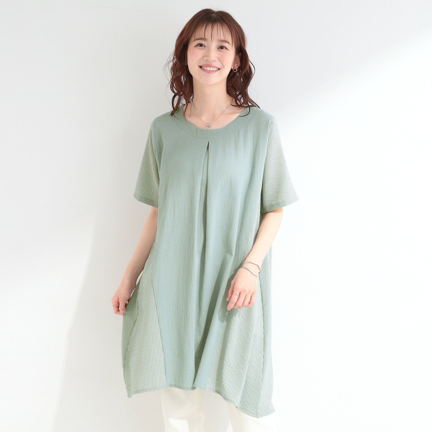 SHOO･LA･RUE「【洗濯機可/体型カバー】上から着るだけ 異素材切替 Aラインチュニックワンピース」|チュニック|