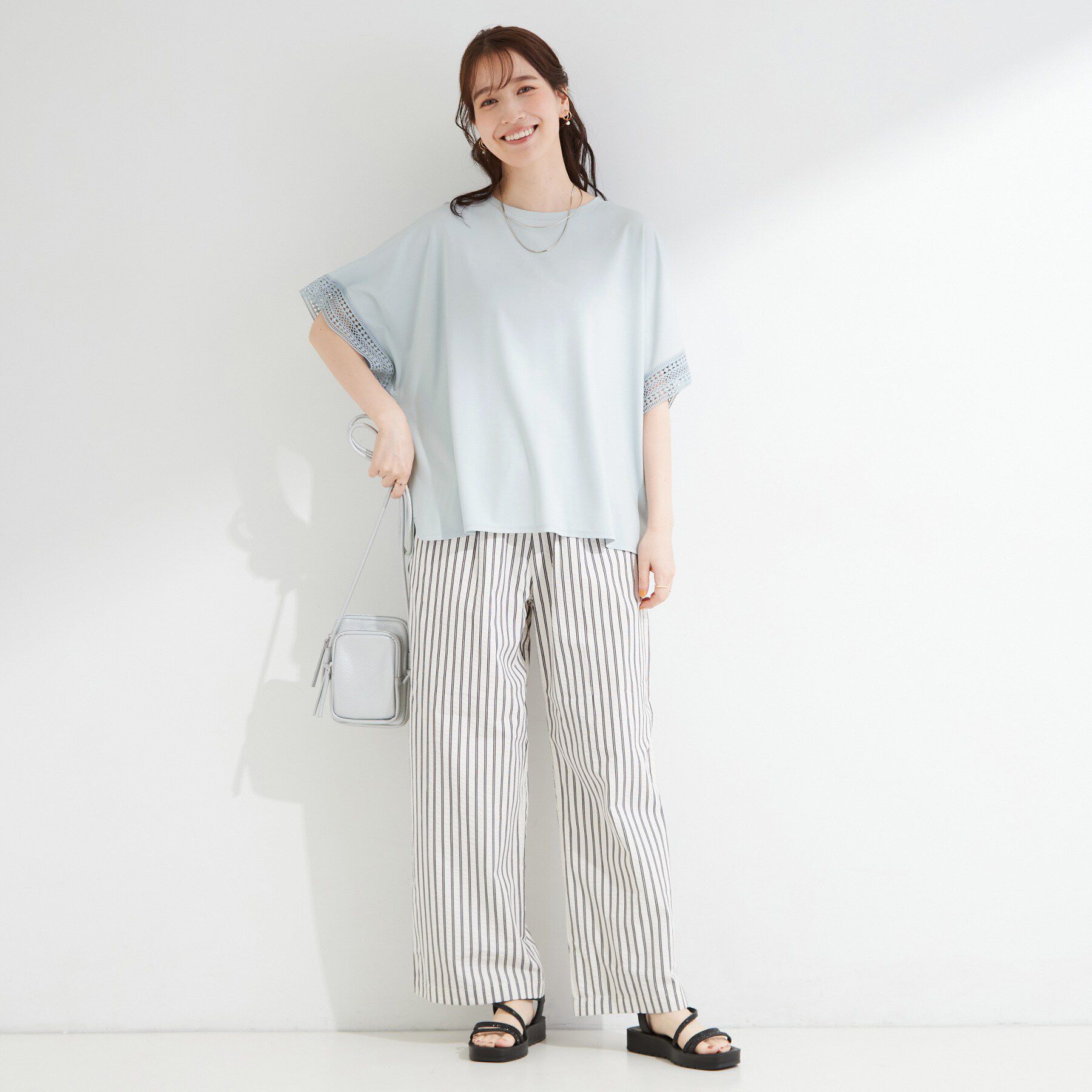SHOO･LA･RUE「【ひんやり/UV/体型カバー】ヒップ周りが隠せる お袖レースTシャツ」|Tシャツ・カットソー|