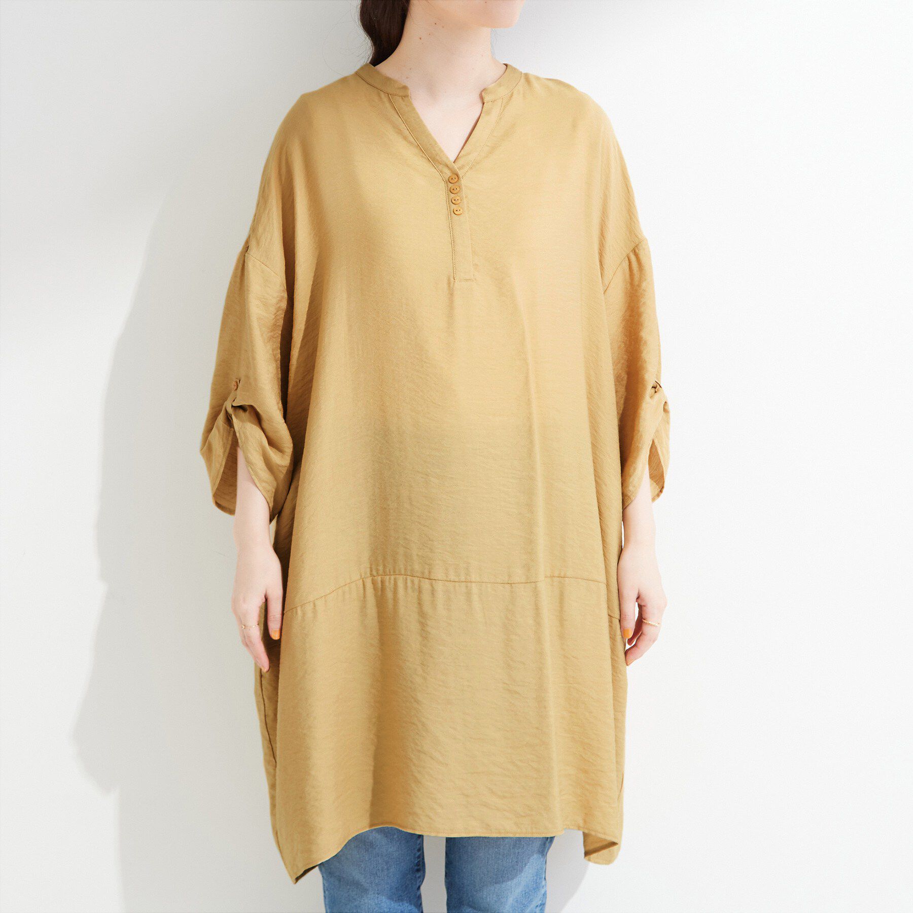 SHOO･LA･RUE「【ひんやり/S-LL/洗濯後しわになりにくい】体型カバーにも ゆるっとリラックス 7分袖チュニック」|ワンピース|