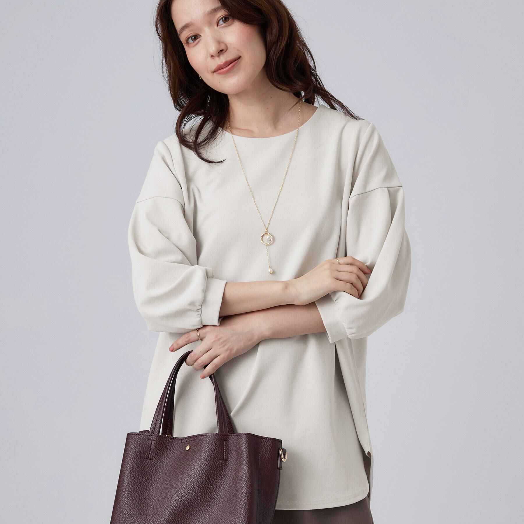 SHOO･LA･RUE「【着丈選べる/2点セット】ネックレス付き やわらか8分袖ブラウス」|Tシャツ・カットソー|ライトグレーロング(