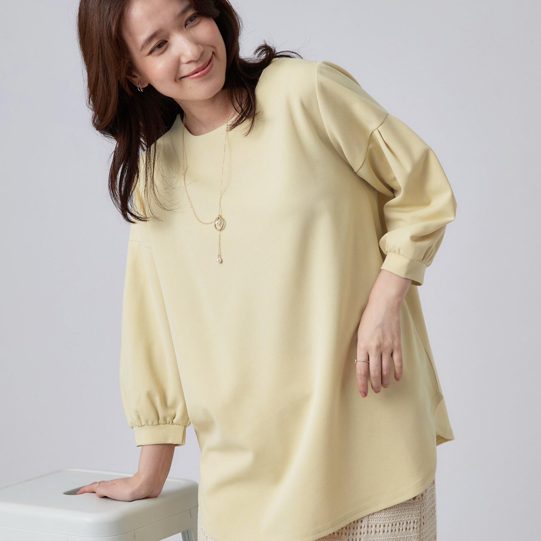 SHOO･LA･RUE「【着丈選べる/2点セット】ネックレス付き やわらか8分袖ブラウス」|Tシャツ・カットソー|ライトイエローロング