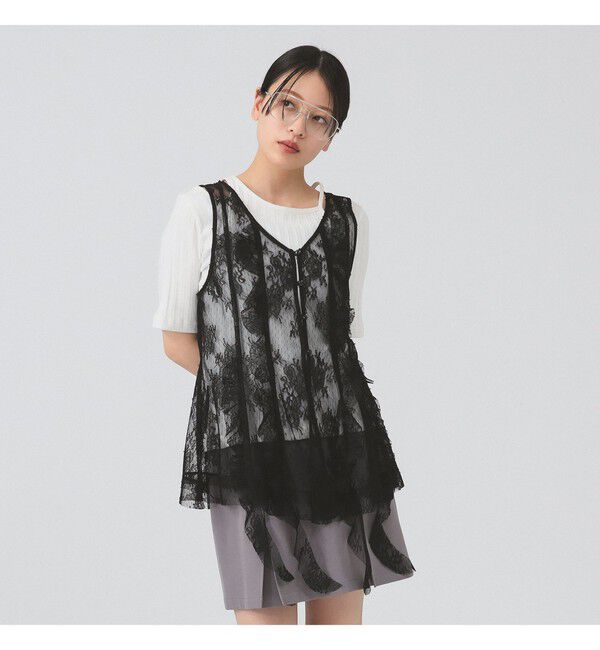 Ray BEAMS 「レース ラッフル ロング ジレ」|シャツ・ブラウス|BLACK