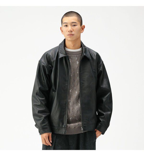 BEAMS「ワイドフィット レザー ジップブルゾン」|ブルゾン・スタジャン|BLACK