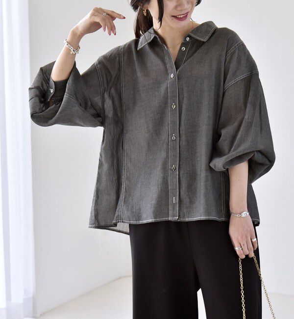quaranciel「quaranciel:〈洗濯機可能〉シアー デニム ギャザー レギュラー シャツ」|シャツ・ブラウス|ブラック