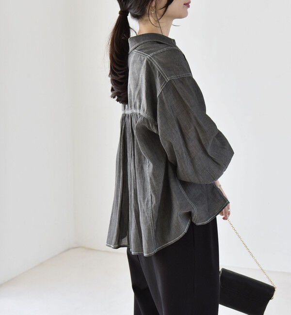 quaranciel「quaranciel:〈洗濯機可能〉シアー デニム ギャザー レギュラー シャツ」|シャツ・ブラウス|