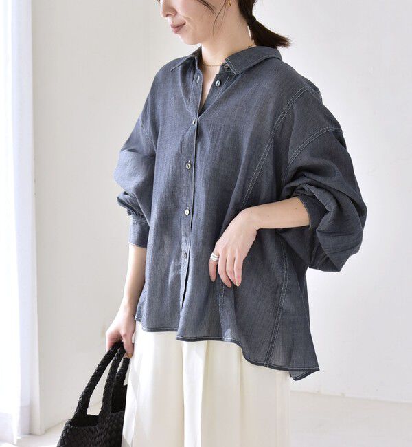 quaranciel「quaranciel:〈洗濯機可能〉シアー デニム ギャザー レギュラー シャツ」|シャツ・ブラウス|