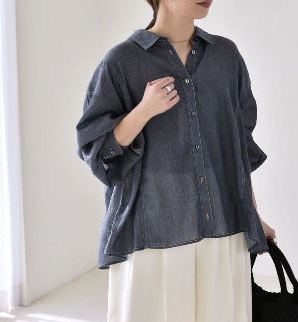 quaranciel「quaranciel:〈洗濯機可能〉シアー デニム ギャザー レギュラー シャツ」|シャツ・ブラウス|
