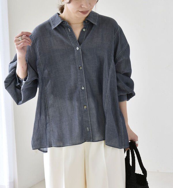 quaranciel「quaranciel:〈洗濯機可能〉シアー デニム ギャザー レギュラー シャツ」|シャツ・ブラウス|